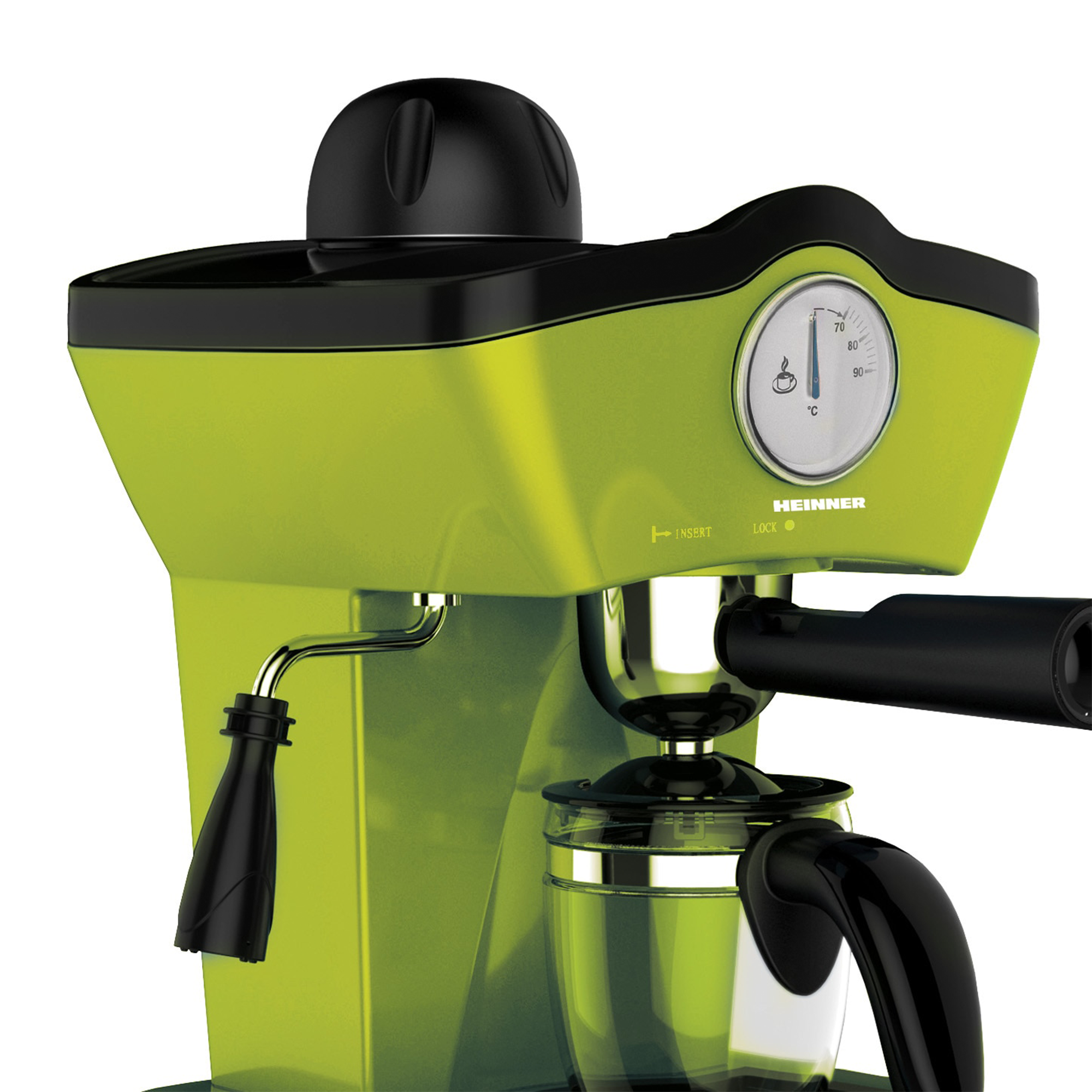 Green Heinner espresso machine with temperature gauge and glass carafe on white background.