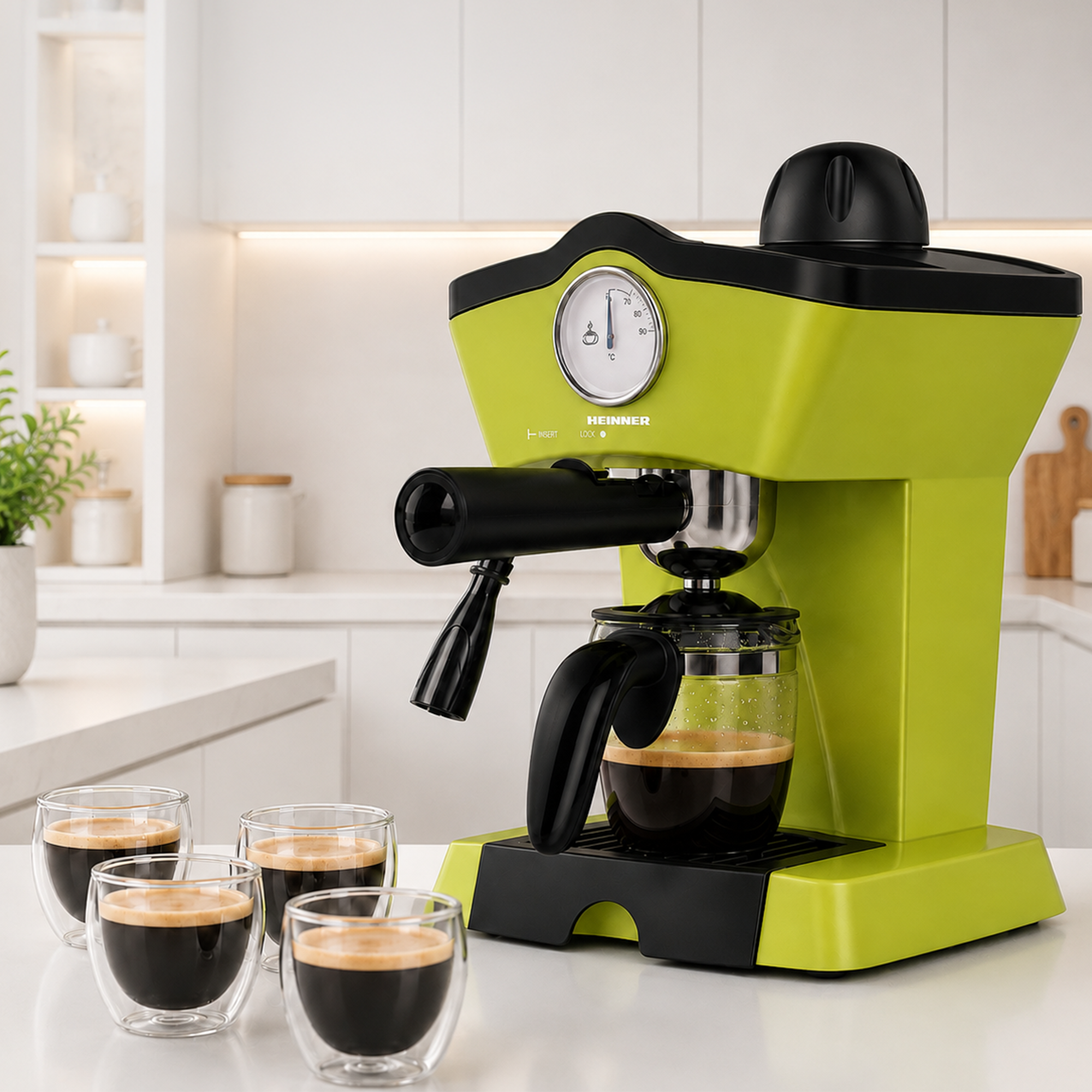 Eine grüne Espressomaschine steht auf einer weißen Theke, vier kleine Tassen Kaffee davor in einer Küche.