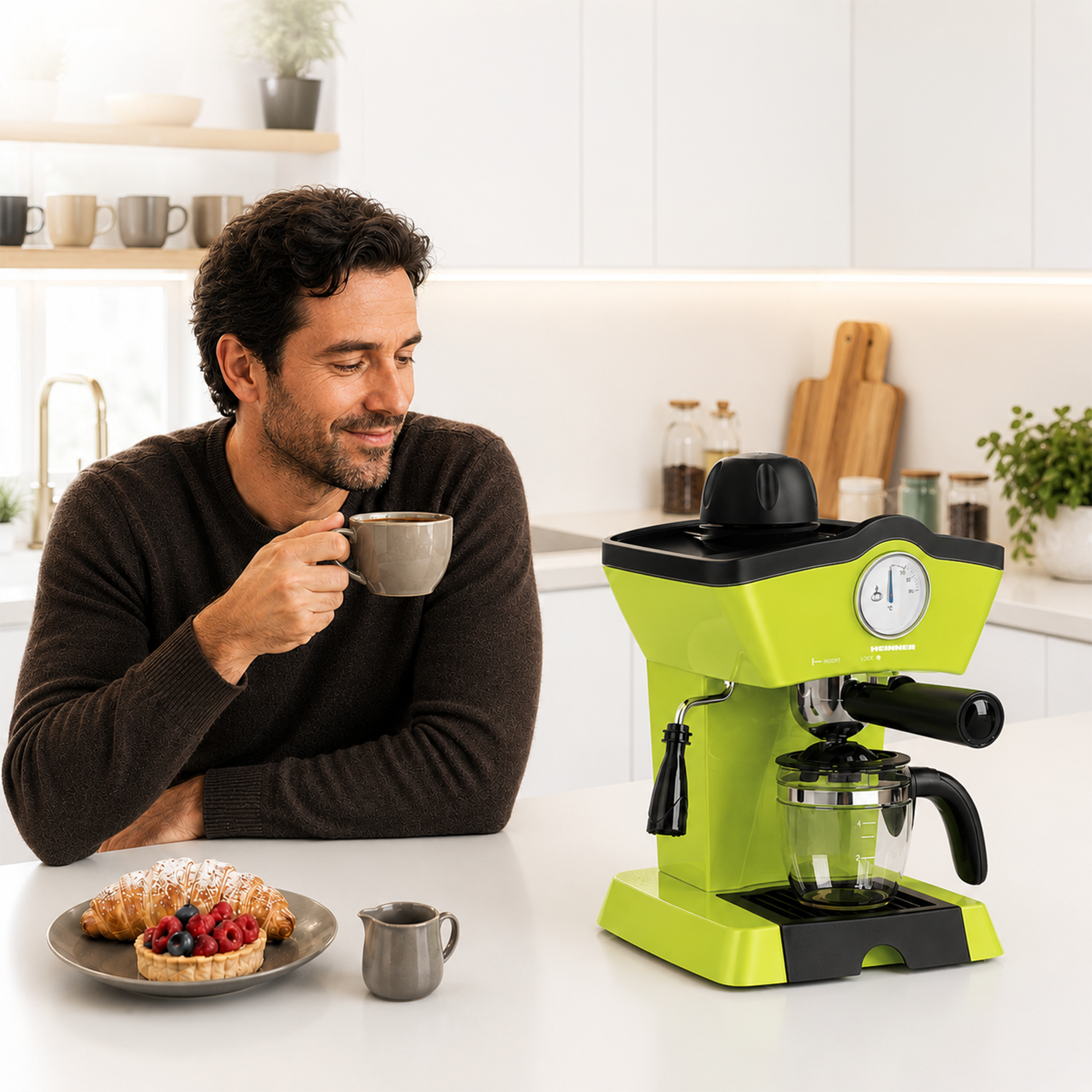 Man sits in kitchen, drinks coffee from a cup, and proudly looks at green espresso machine.