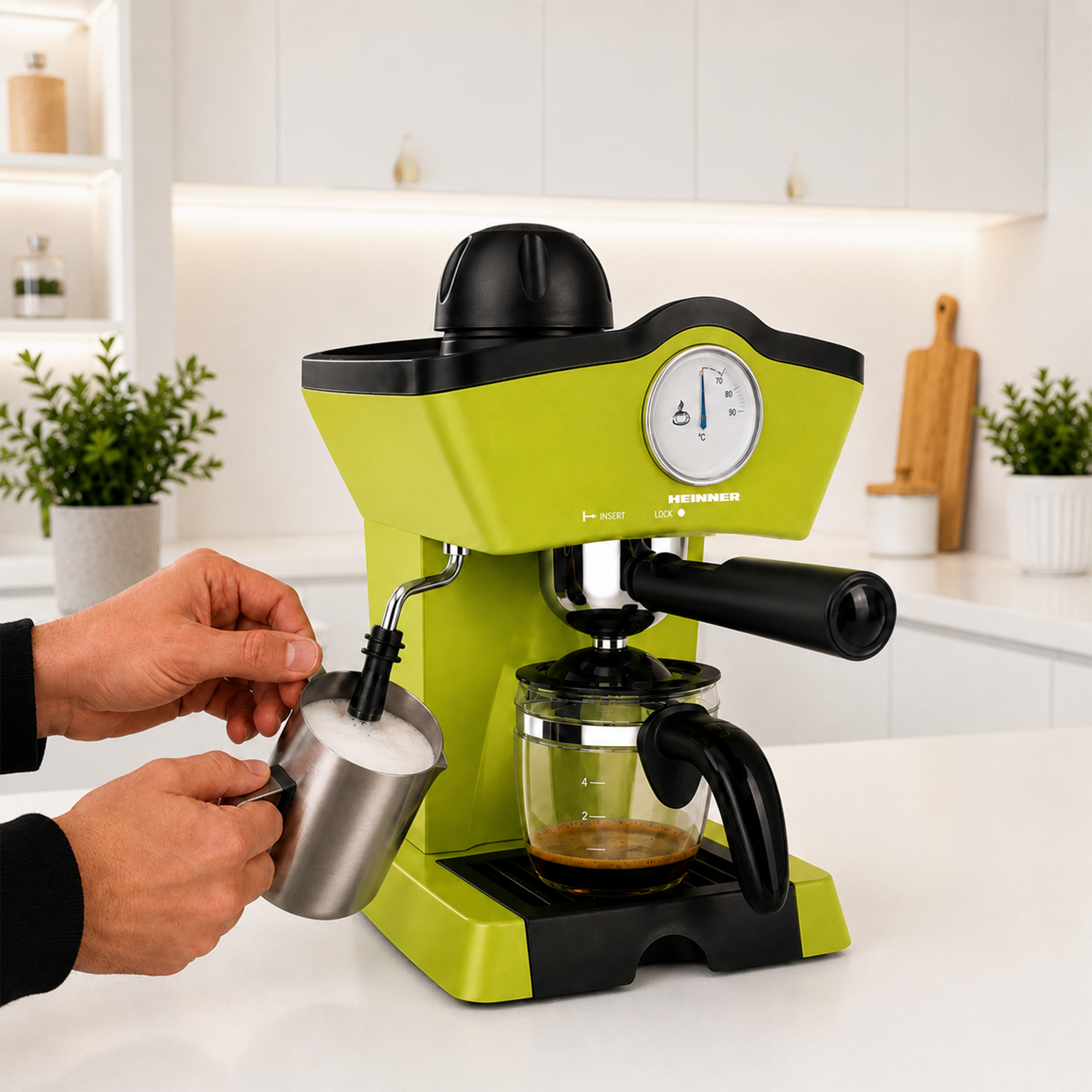 A lime-green espresso machine on a kitchen counter, with a hand frothing milk.