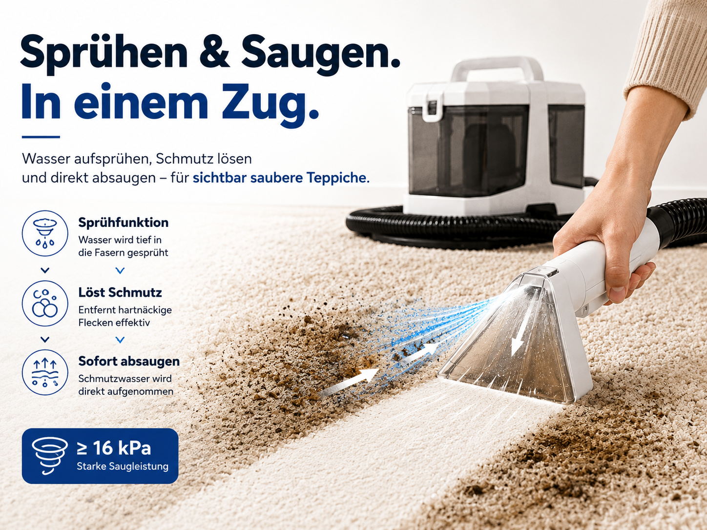 Hand hält einen Teppichreiniger, der Wasser aufsprüht und Schmutz absaugt, während deutsche Textgrafiken zu sehen sind.