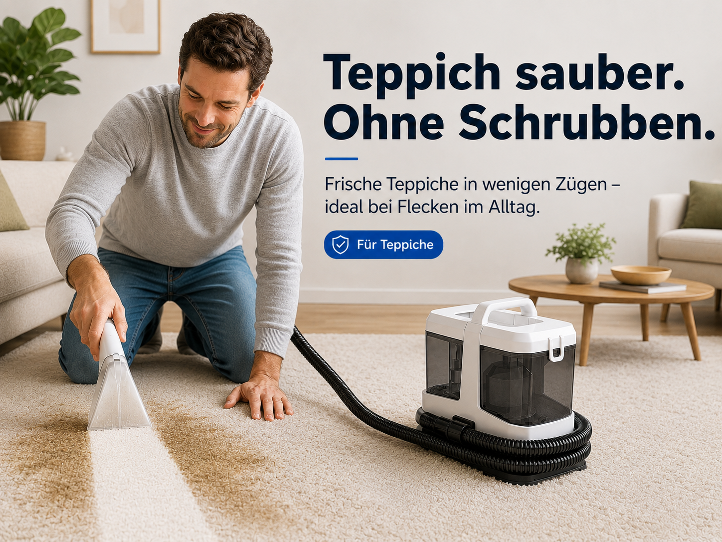Ein Mann reinigt mit einem weißen Teppichreiniger einen Fleck auf dem Teppich. Im Hintergrund ein helles Wohnzimmer.