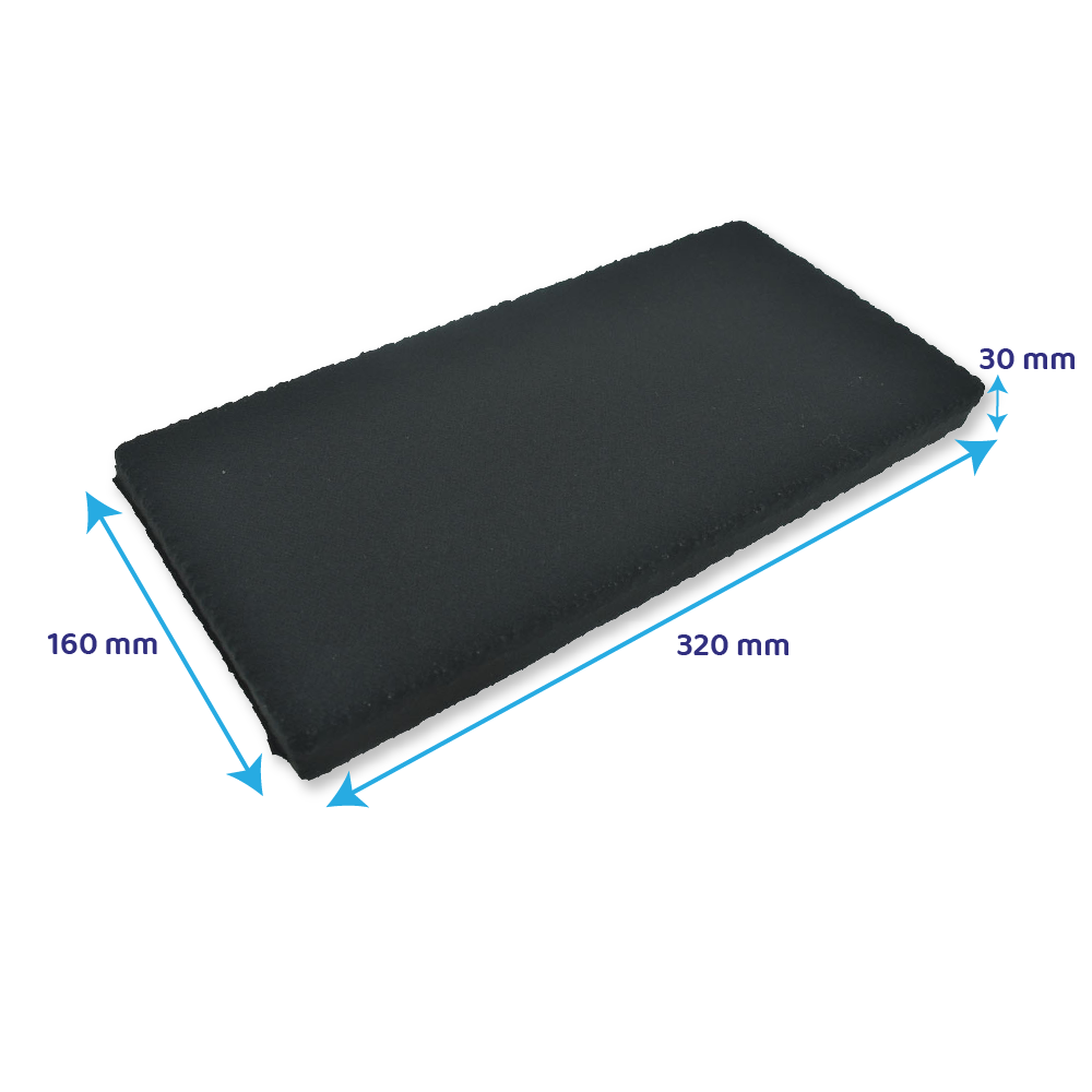 Schwarze rechteckige Gummimatte mit Maßen: 320x160x30 mm.