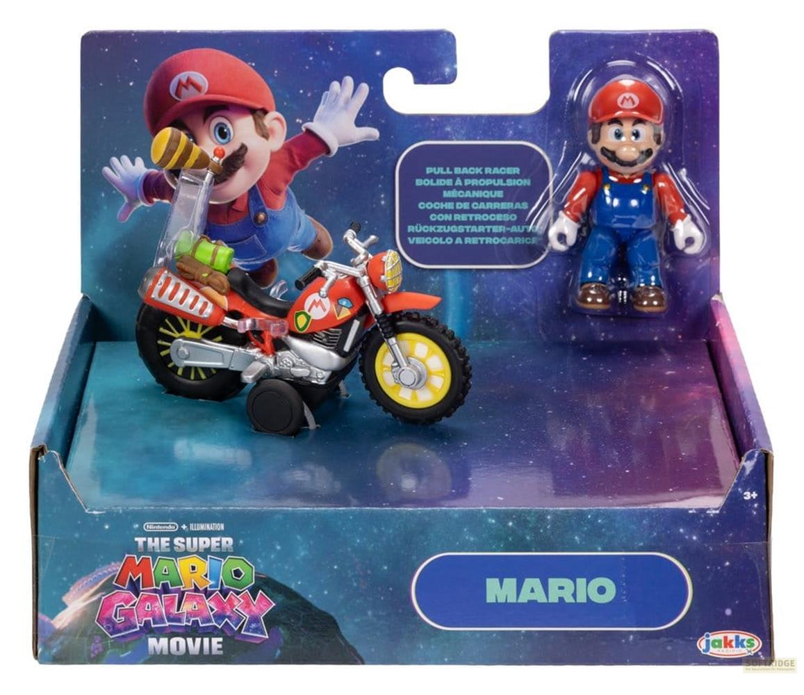 El set de juguetes Super Mario Galaxy incluye a Mario, una moto y una figura en caja sobre un fondo estrellado.