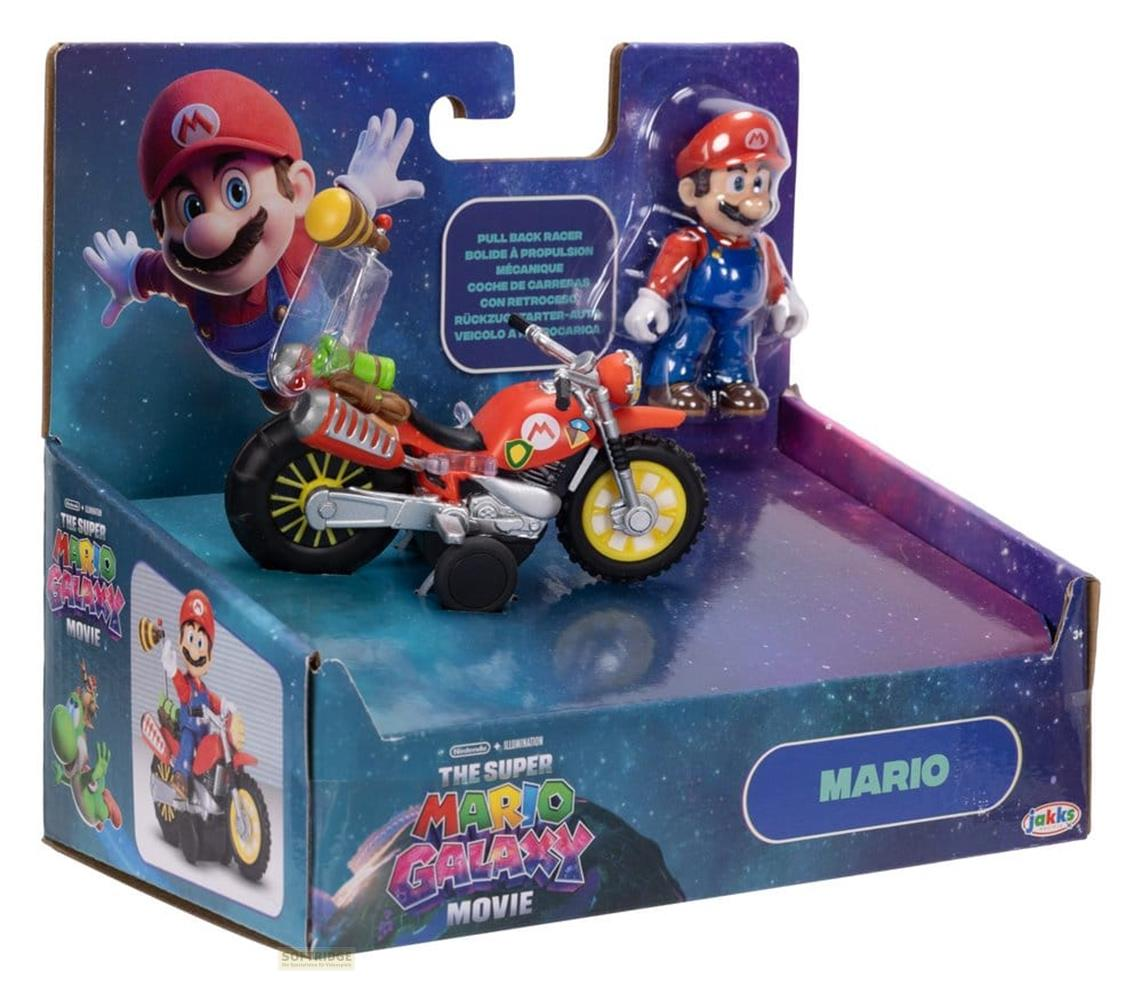 Set de juguete de la película Super Mario Galaxy con figura de Mario y moto roja en caja.