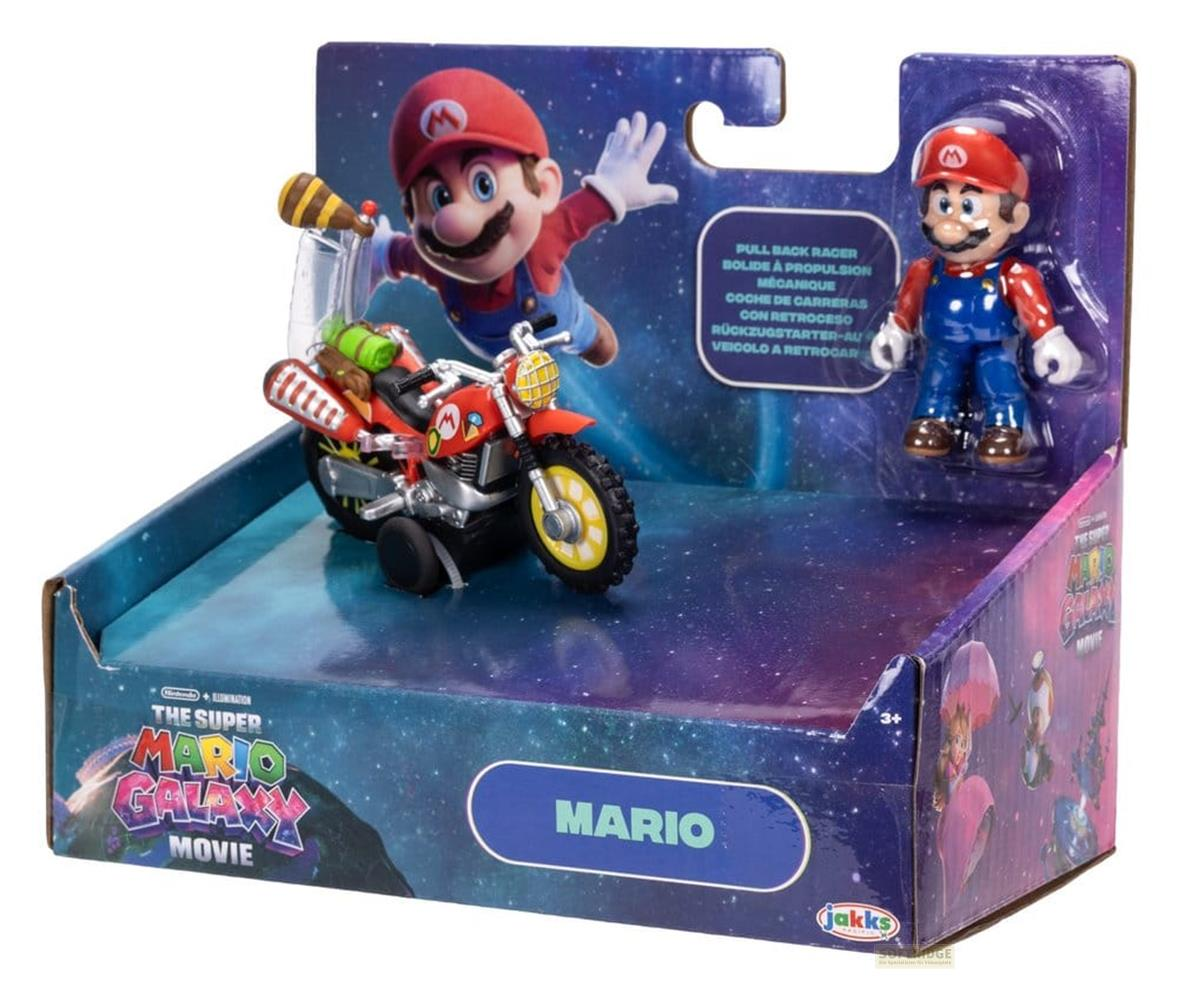 Set de juguetes Super Mario Galaxy en caja con motocicleta y figura de Mario sobre fondo galáctico.