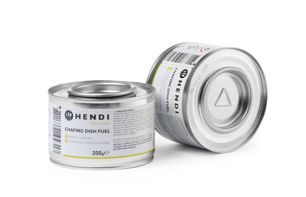 Due lattine rotonde di combustibile Hendi con etichetta bianca su sfondo bianco.