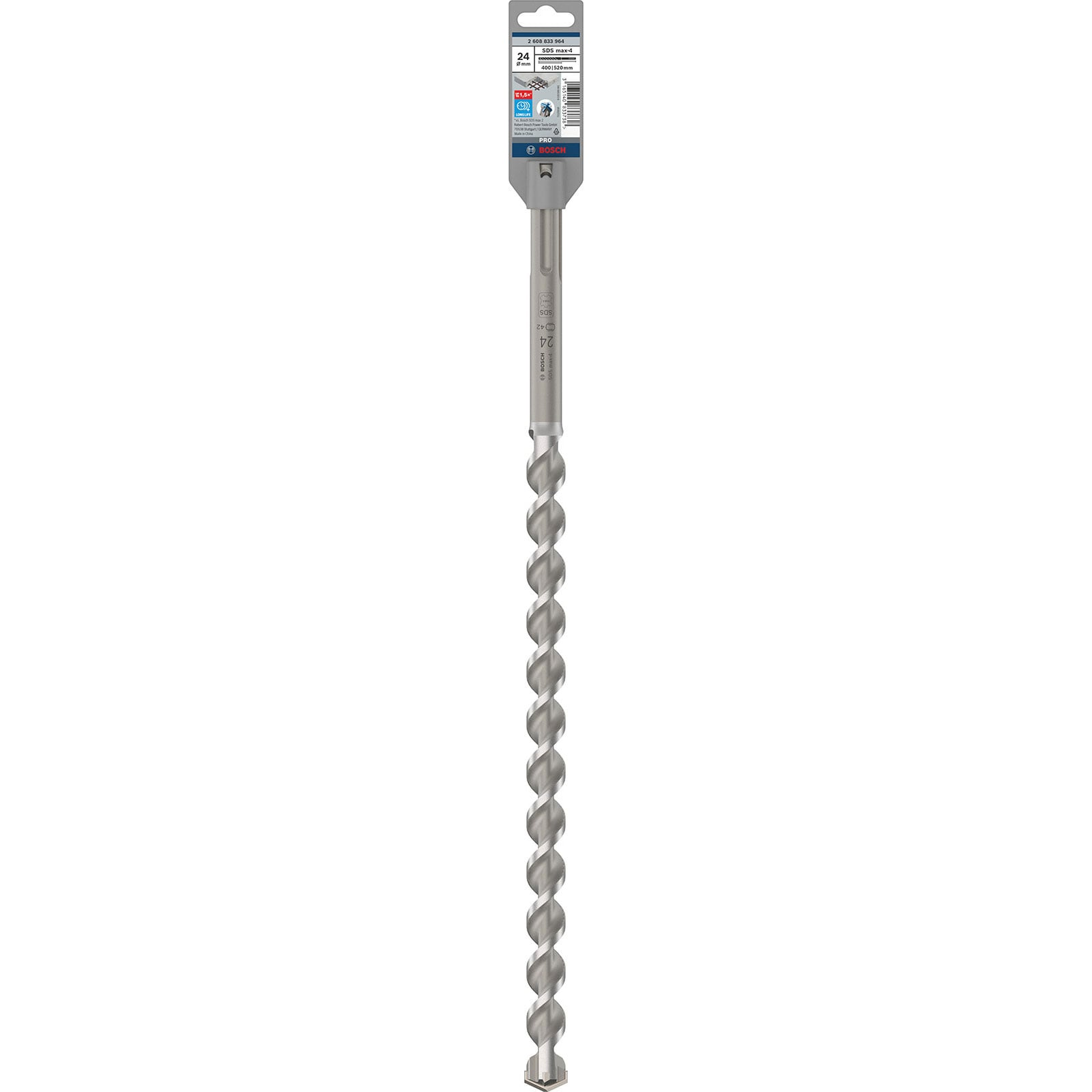 Lunga punta per trapano Bosch SDS-max-4 con punta in metallo duro e cartellina su sfondo bianco.