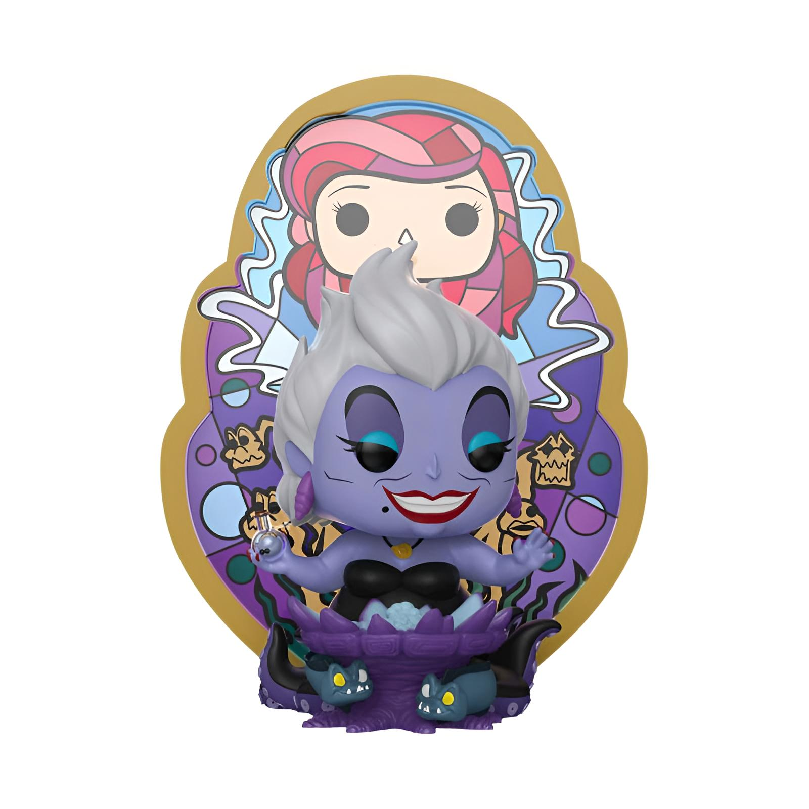 Una figura Funko Pop de Úrsula con piel morada y cabello blanco, sobre un fondo colorido con Ariel.