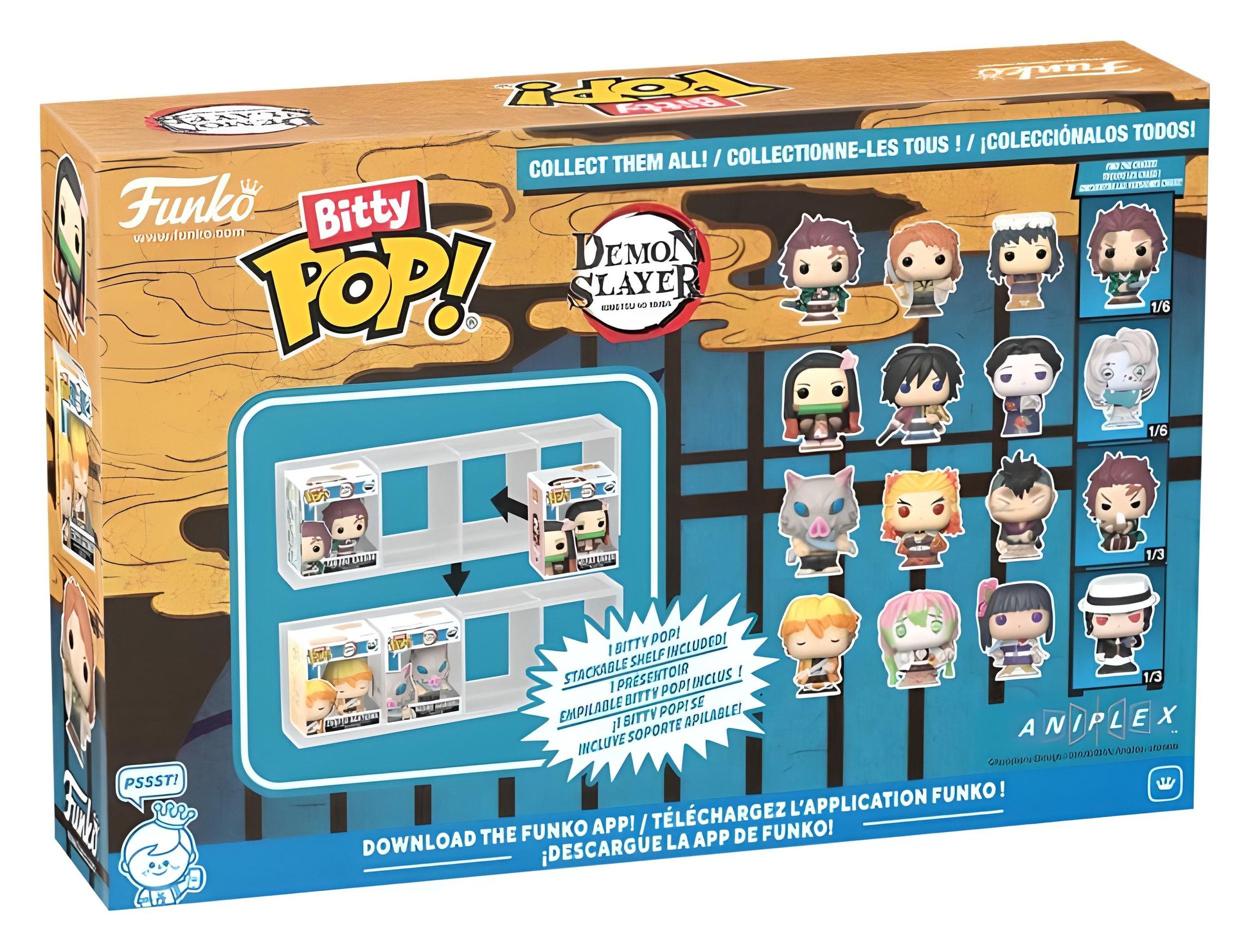 Empaque de juguetes Demon Slayer Bitty Pop con figuras en miniatura y estante.