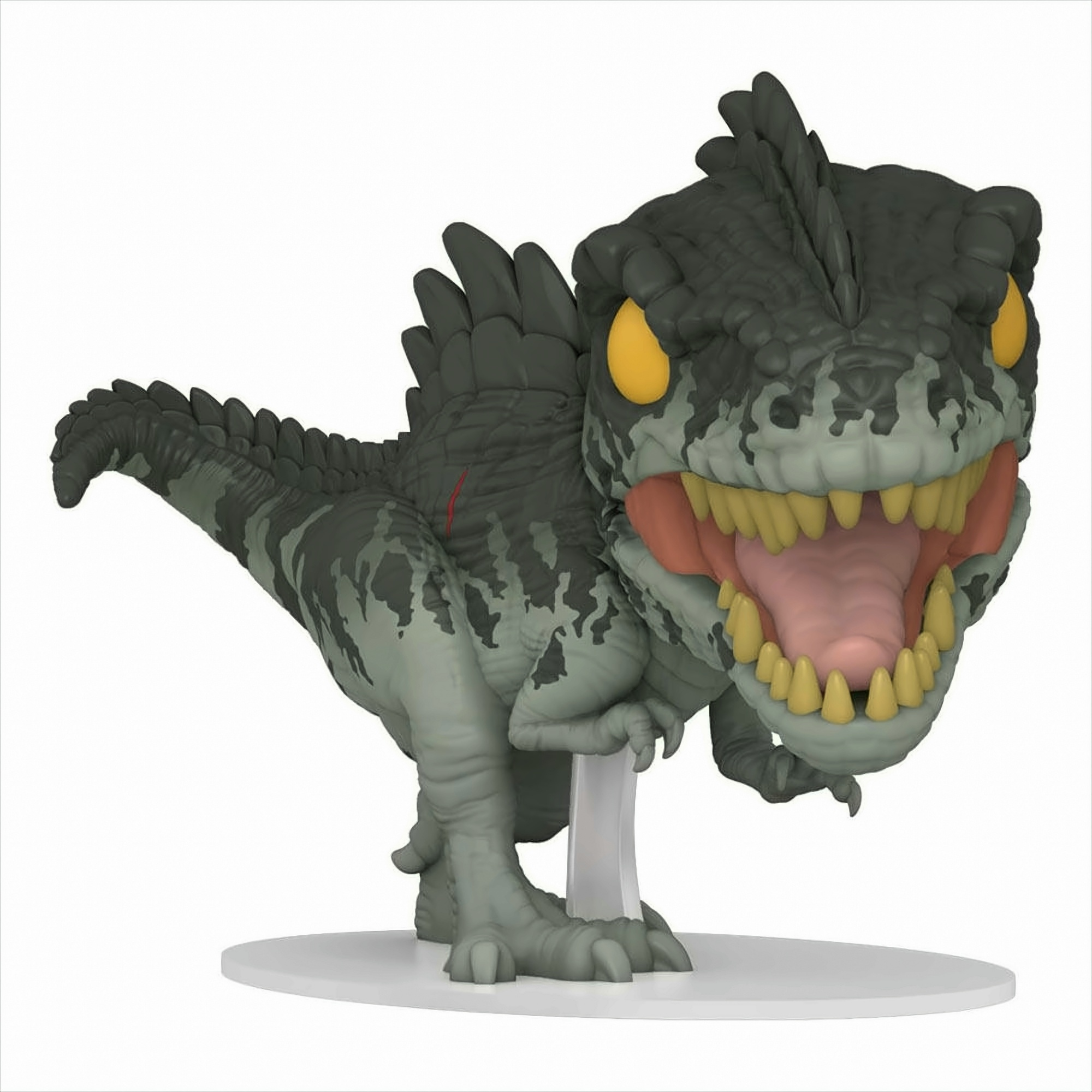 Una figura coleccionable de vinilo verde de un T-Rex con cabeza grande, ojos amarillos y boca abierta llena de dientes.