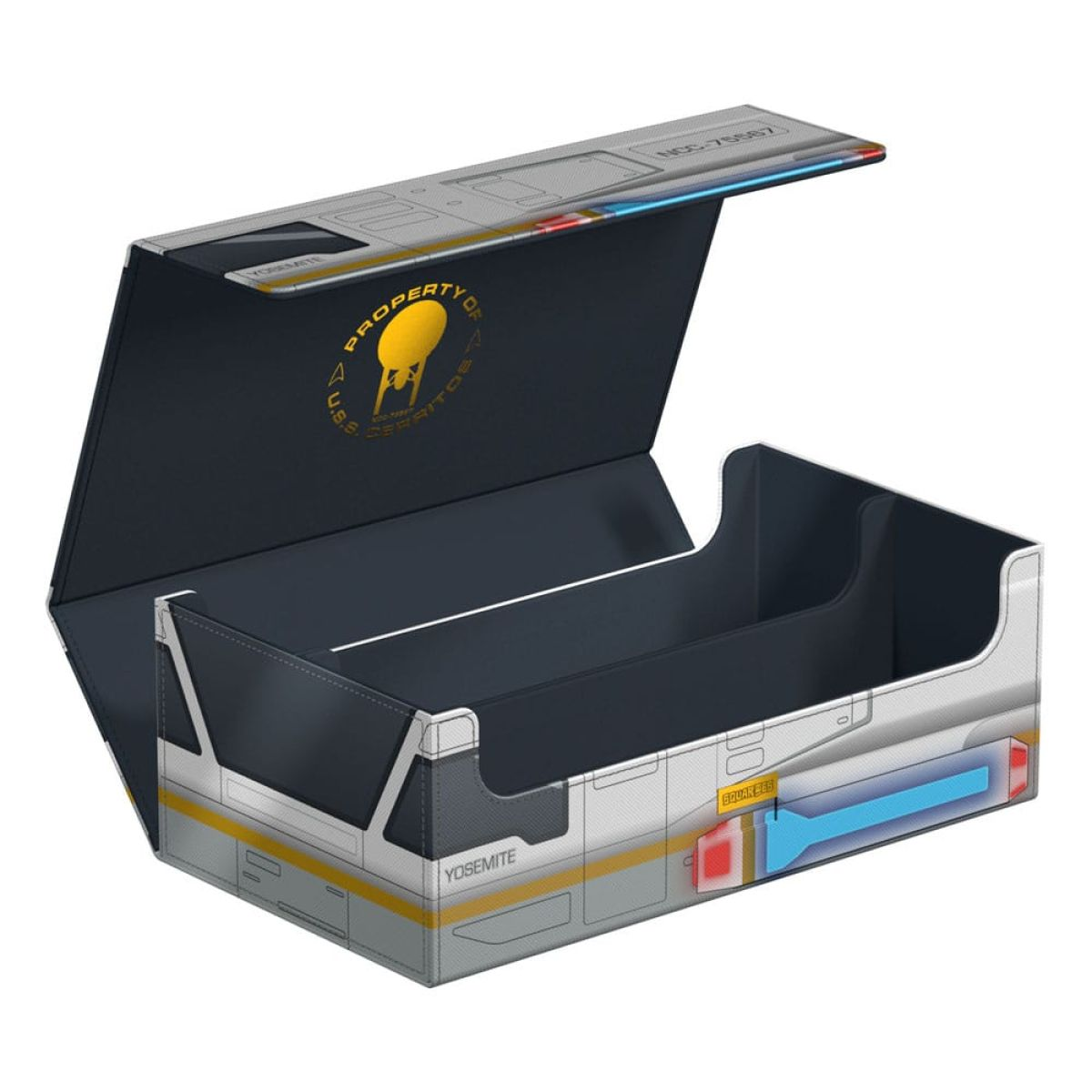 Une boîte de rangement de cartes de science-fiction ouverte avec des graphismes Starfleet et un extérieur gris.
