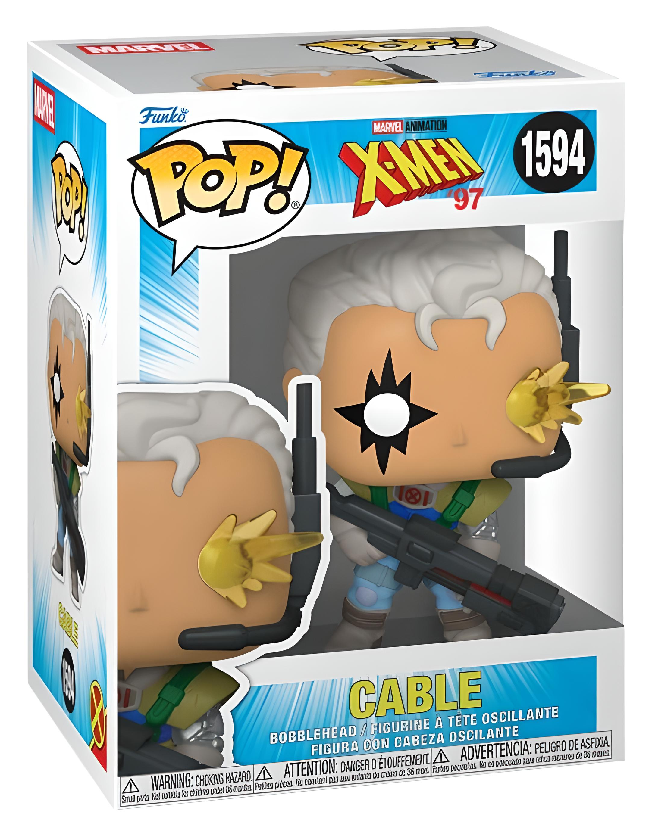 Figura Funko Pop de Cable de X-Men '97 en caja de coleccionista con arma y ráfaga de energía.