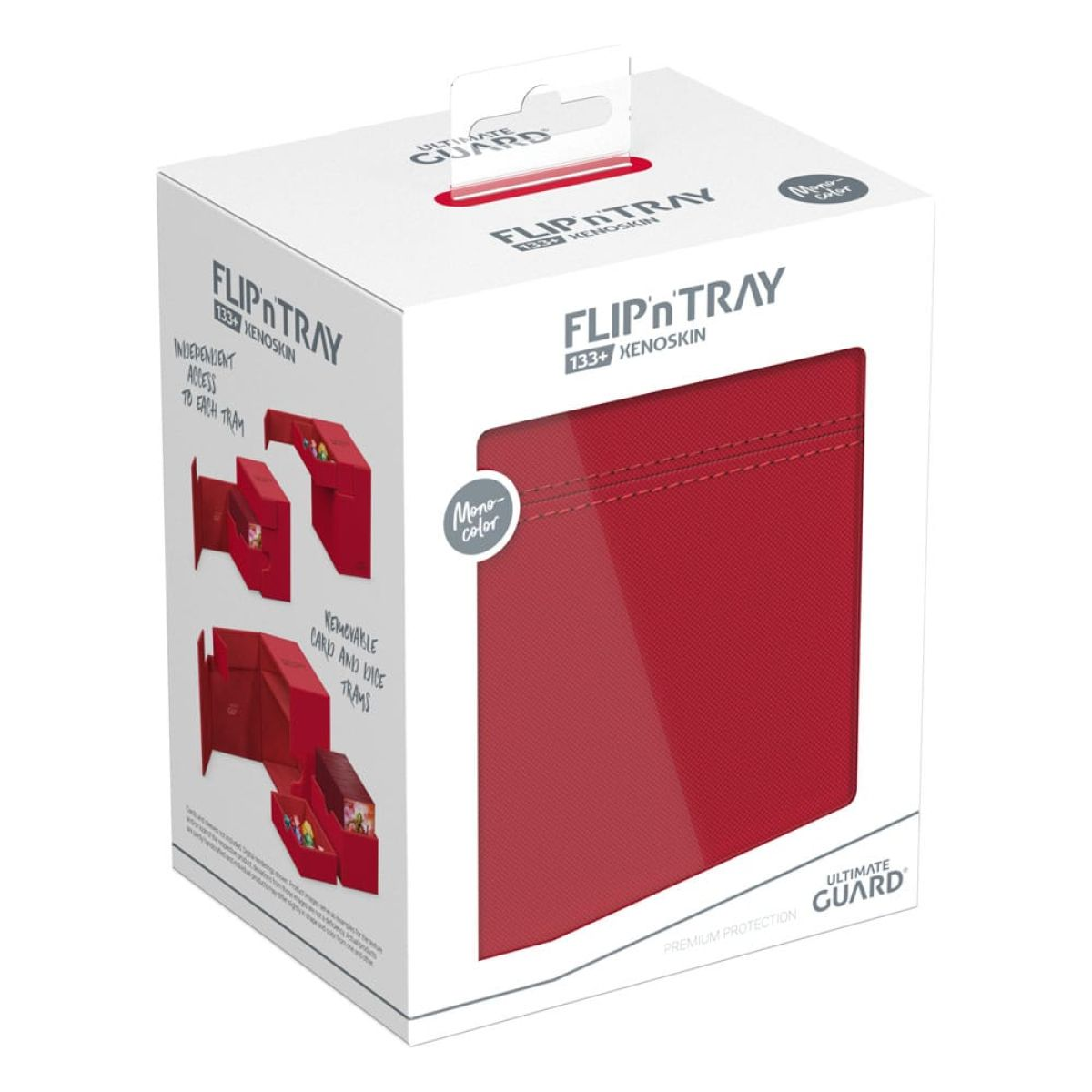 Emballage de boîte de cartes Ultimate Guard Flip'n'Tray 133+ Xenoskin blanc et rouge sur fond blanc.