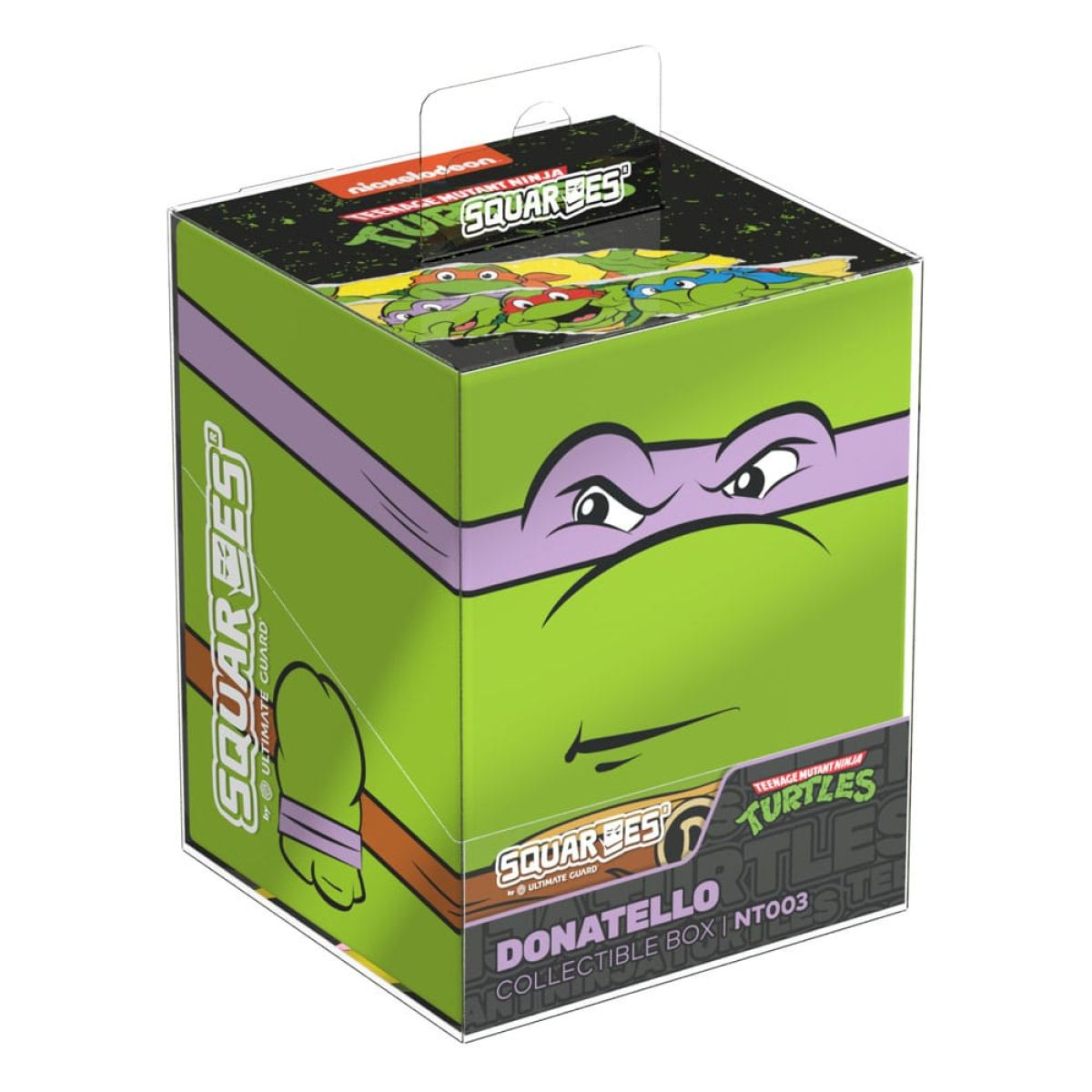 Une boîte de collection verte TMNT Donatello avec son masque et poing violets.