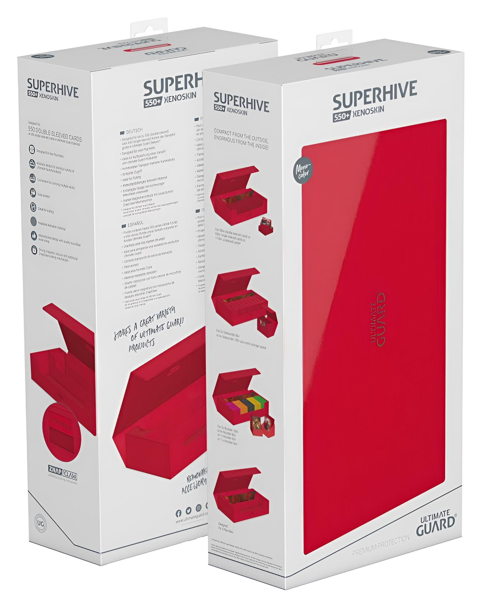 Deux boîtes de rangement de cartes Superhive 550+ Xenoskin blanches et rouges.