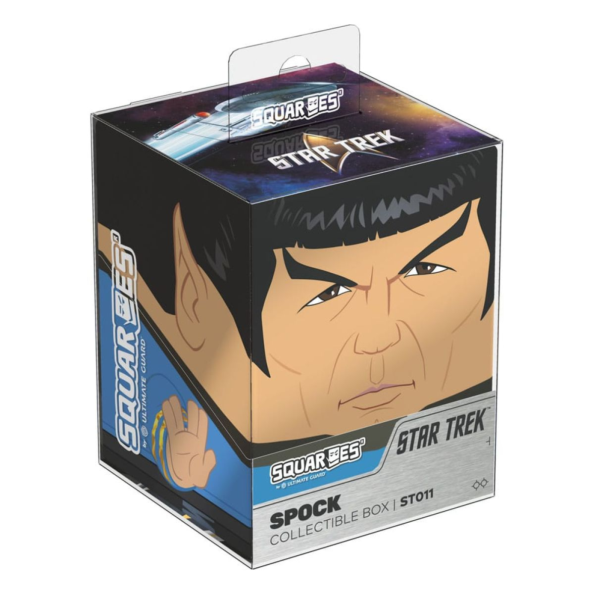 Eine Star Trek Spock Sammlerbox mit dem Gesicht von Spock auf der Vorderseite und dem Star Trek Logo oben.