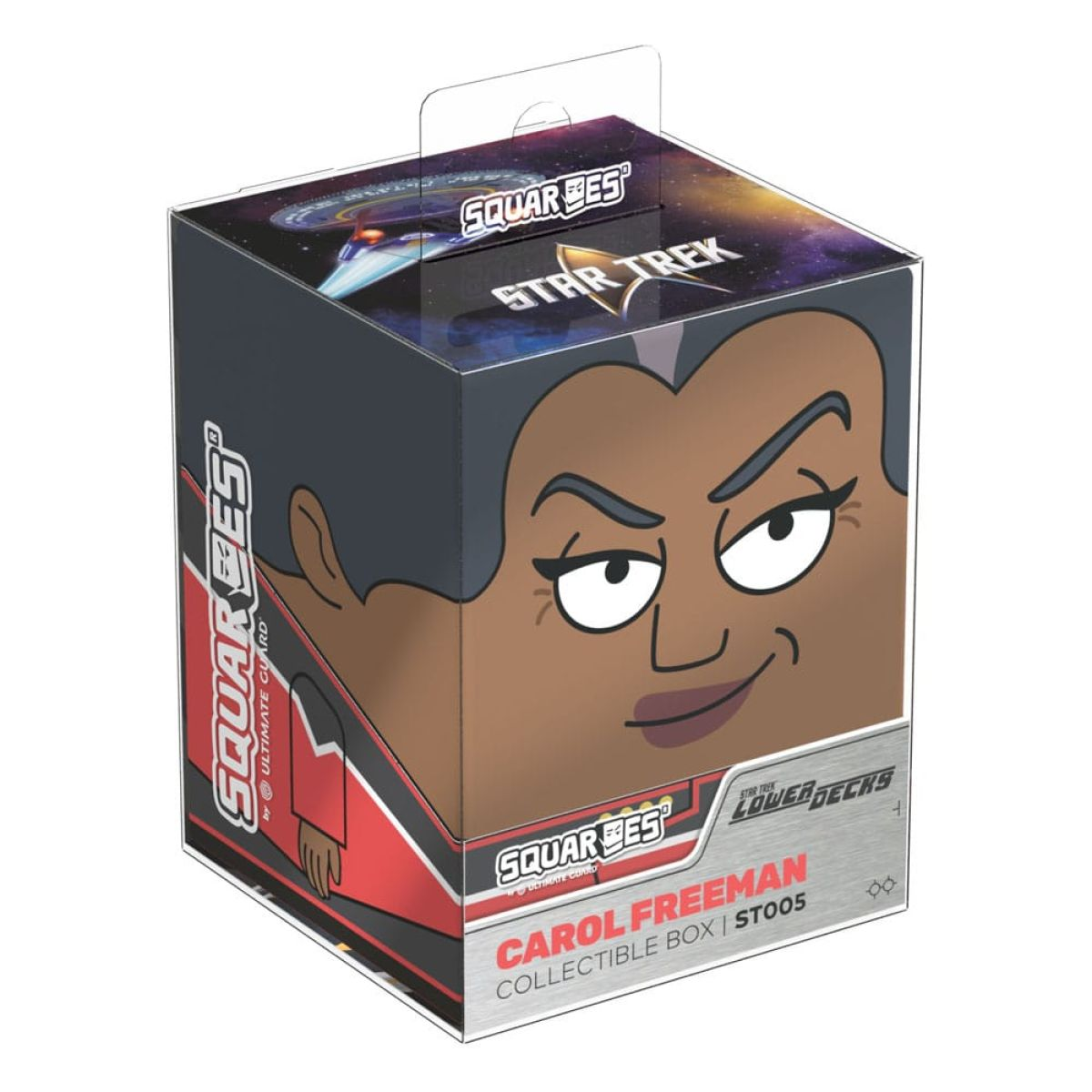 Boîte de collection carrée Star Trek Carol Freeman avec un visage de dessin animé sur le devant.