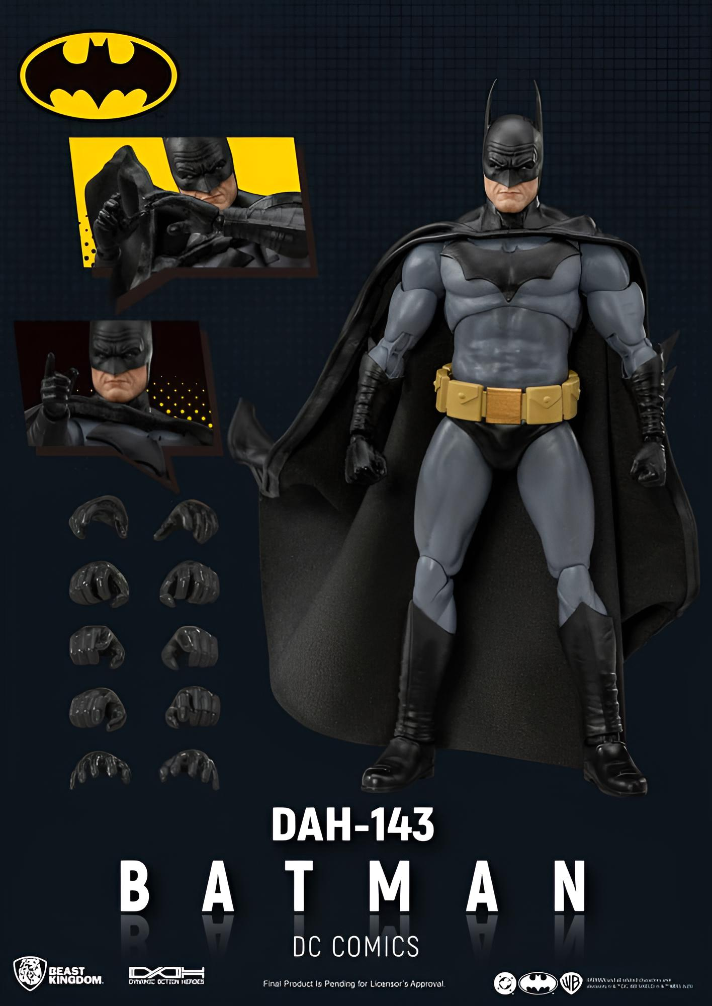 Batman-Actionfigur mit grauem Anzug, schwarzem Umhang, gelbem Gürtel und austauschbaren Händen sowie Insets.