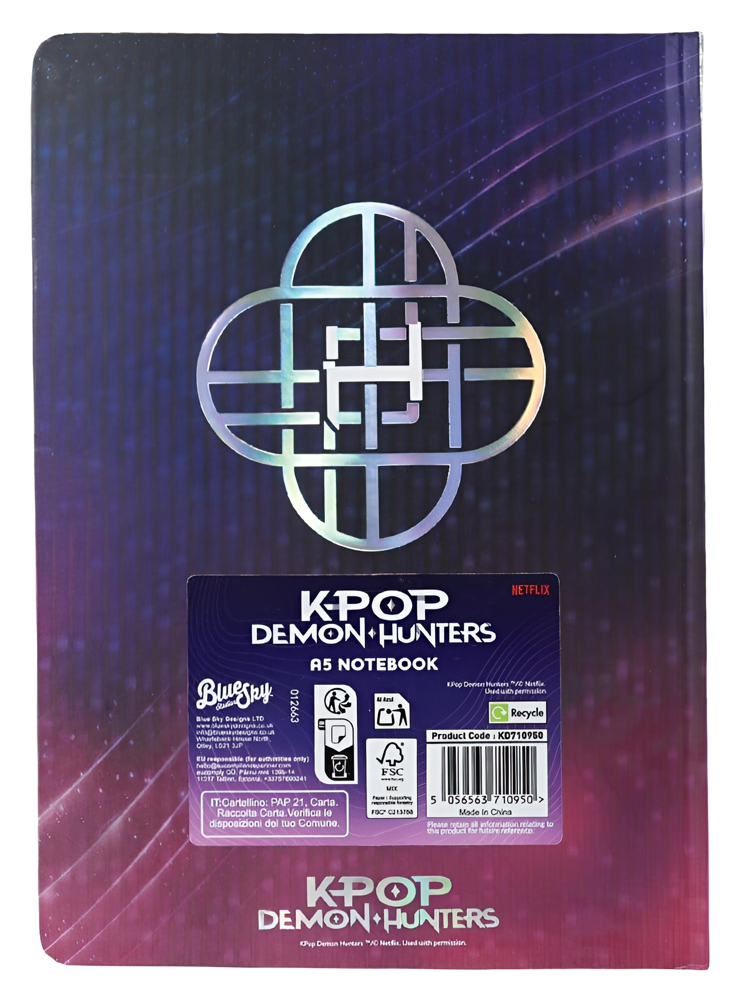 Blaue und violette Notizbuchrückseite mit silbernem Logo und Etikett für KPop Demon Hunters A5.
