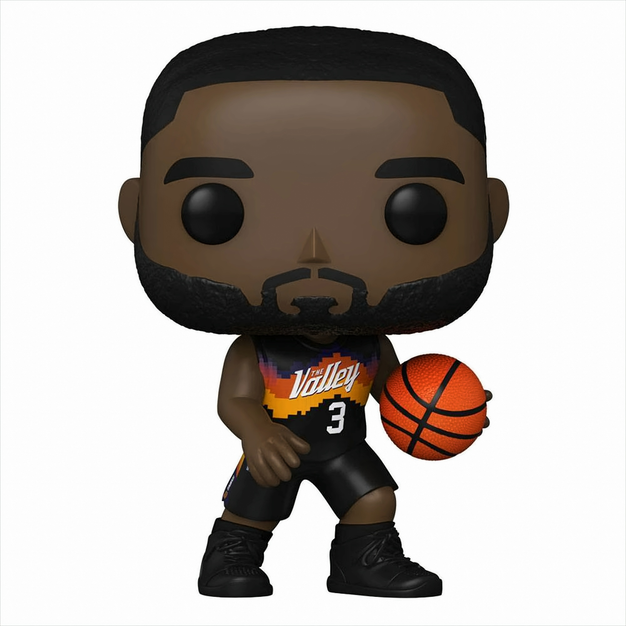 Una figura de vinilo coleccionable de un jugador de baloncesto con barba y camiseta negra.