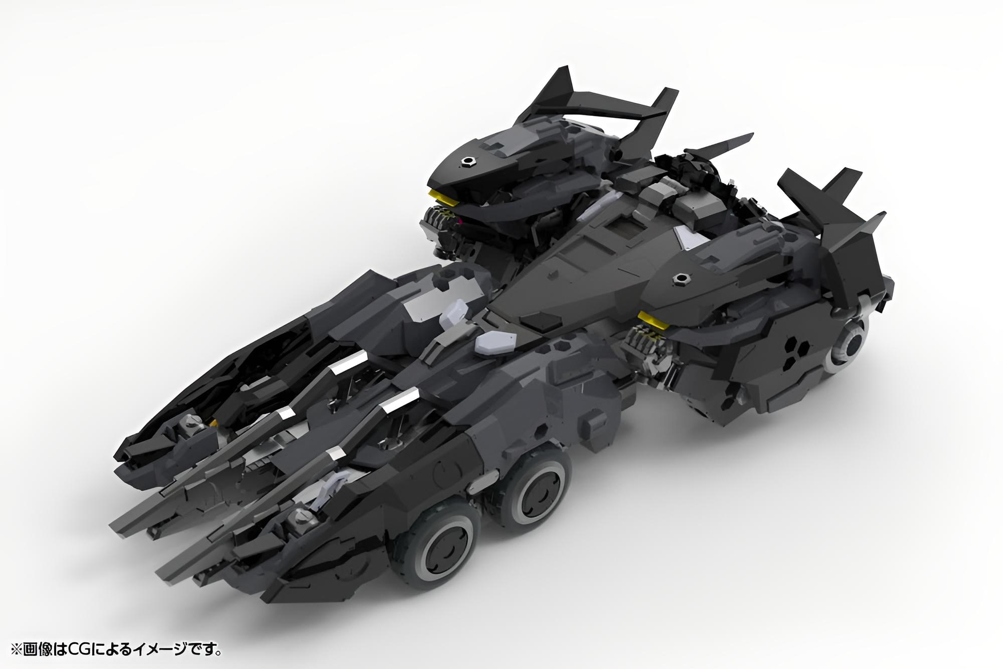 Ein großes, futuristisches schwarzes Lego-Fahrzeug mit sechs Rädern und komplexen Details auf weißem Hintergrund.