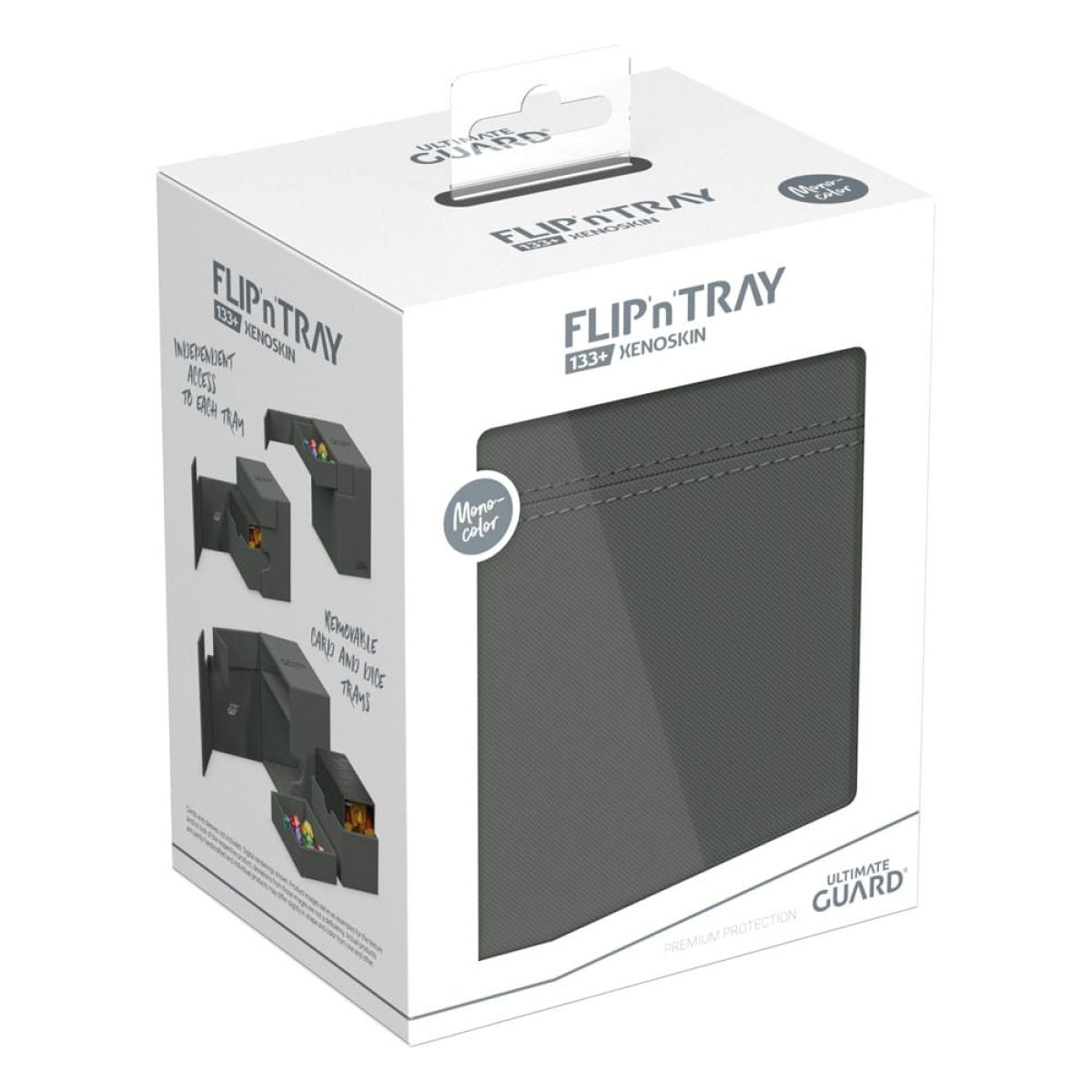 Une boîte blanche Ultimate Guard Flip'n'Tray avec un design Xenoskin gris et des détails du produit.