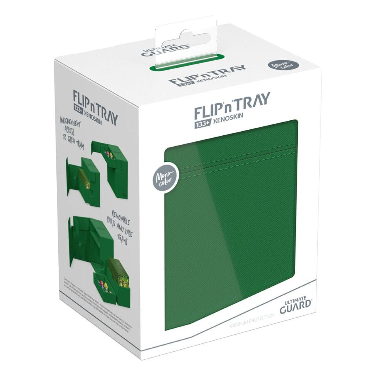 Boite de produit blanche pour un etui de deck vert Ultimate Guard Flip'n'Tray 133+ Xenoskin sur fond blanc.