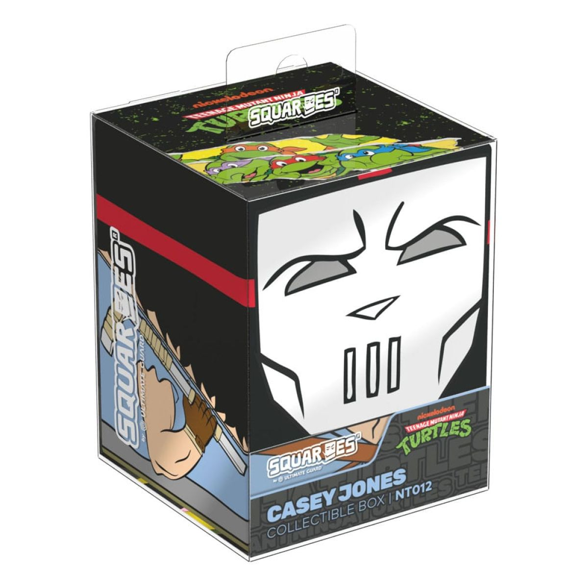 Boîte de collection Casey Jones avec des graphismes de masque et de tortue sur fond blanc.
