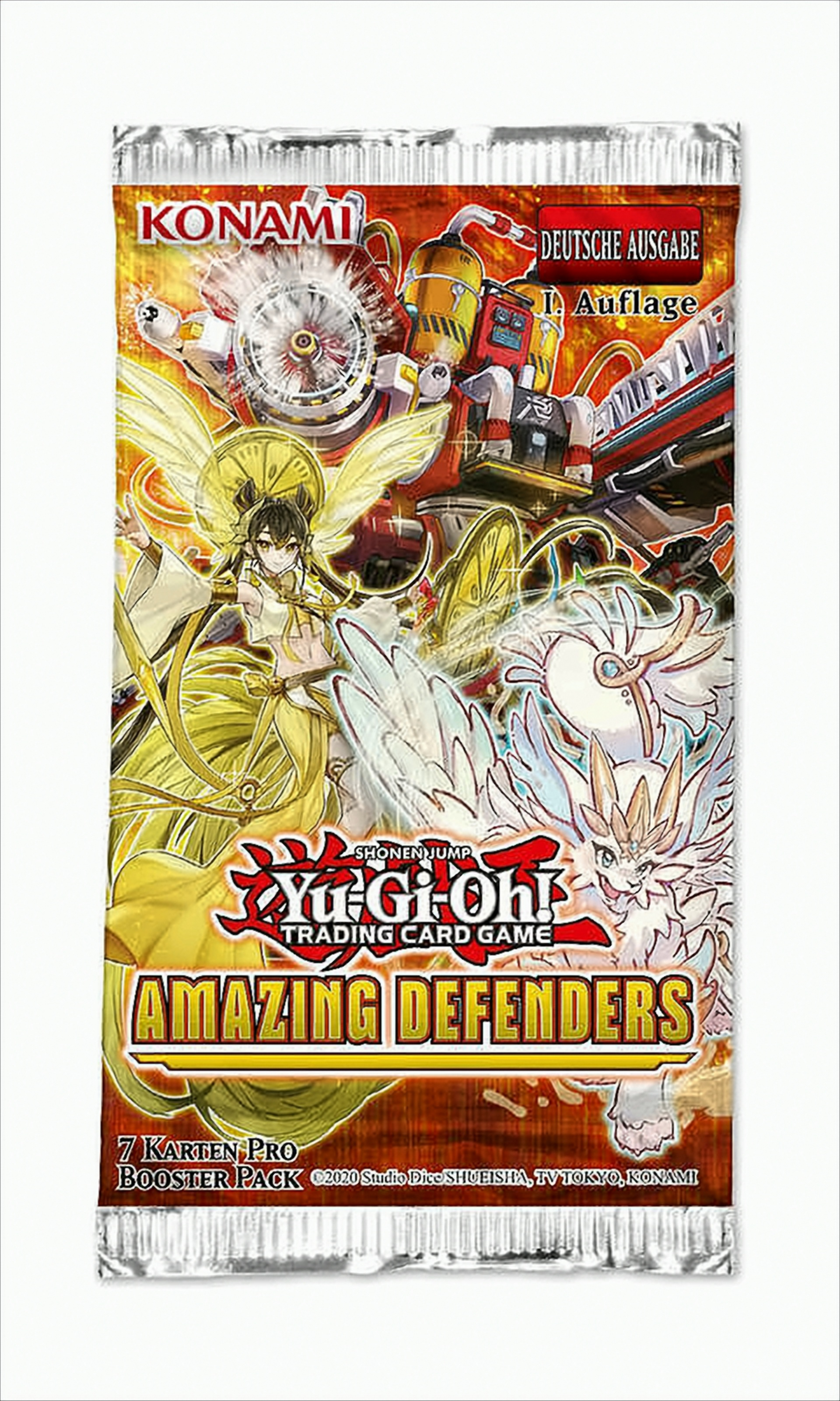 Yugioh Amazing Defenders Booster-Pack mit bunten Figuren auf orangem Hintergrund.