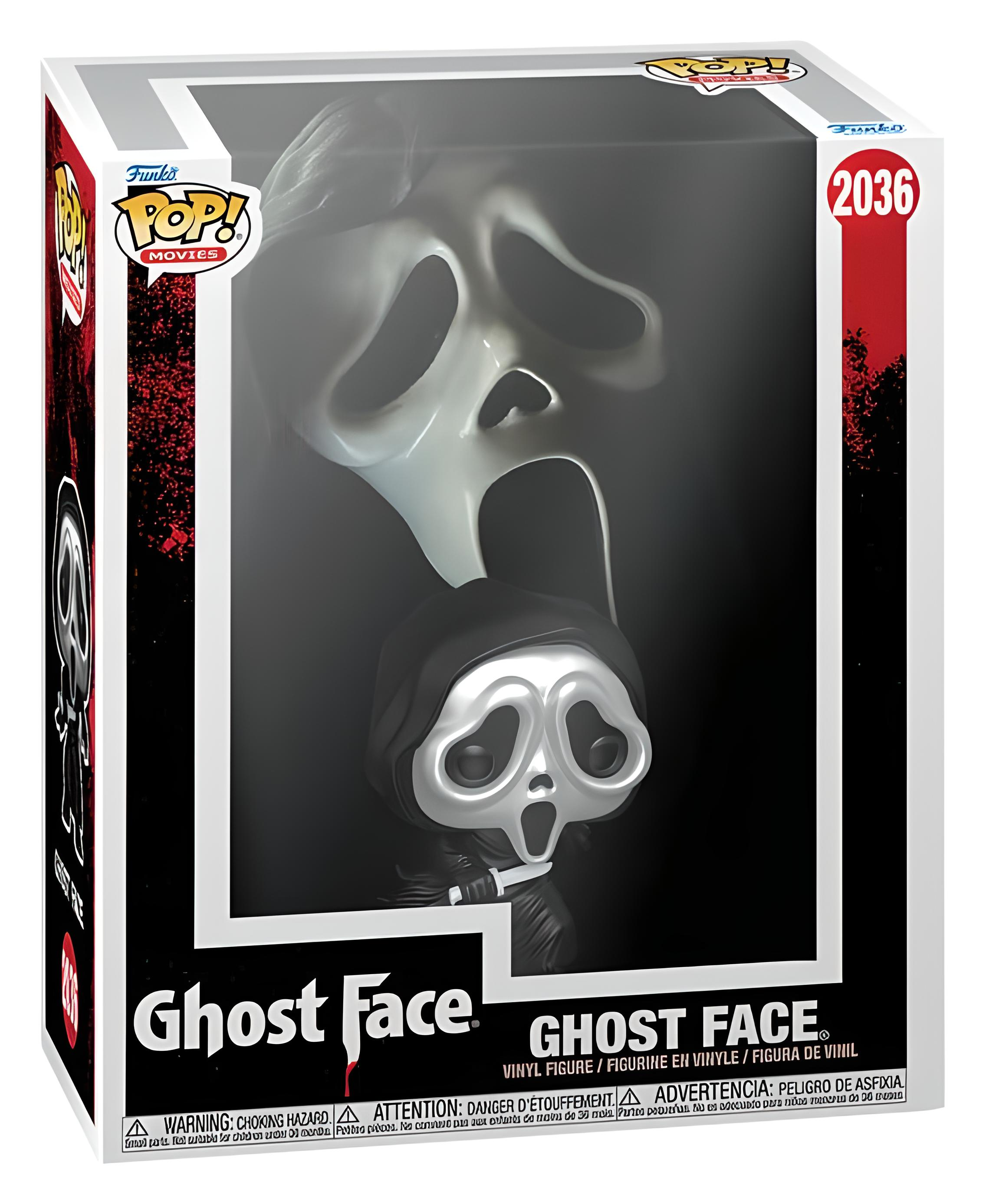 Figura de vinilo Ghost Face Funko Pop dentro de su caja original negra y roja.