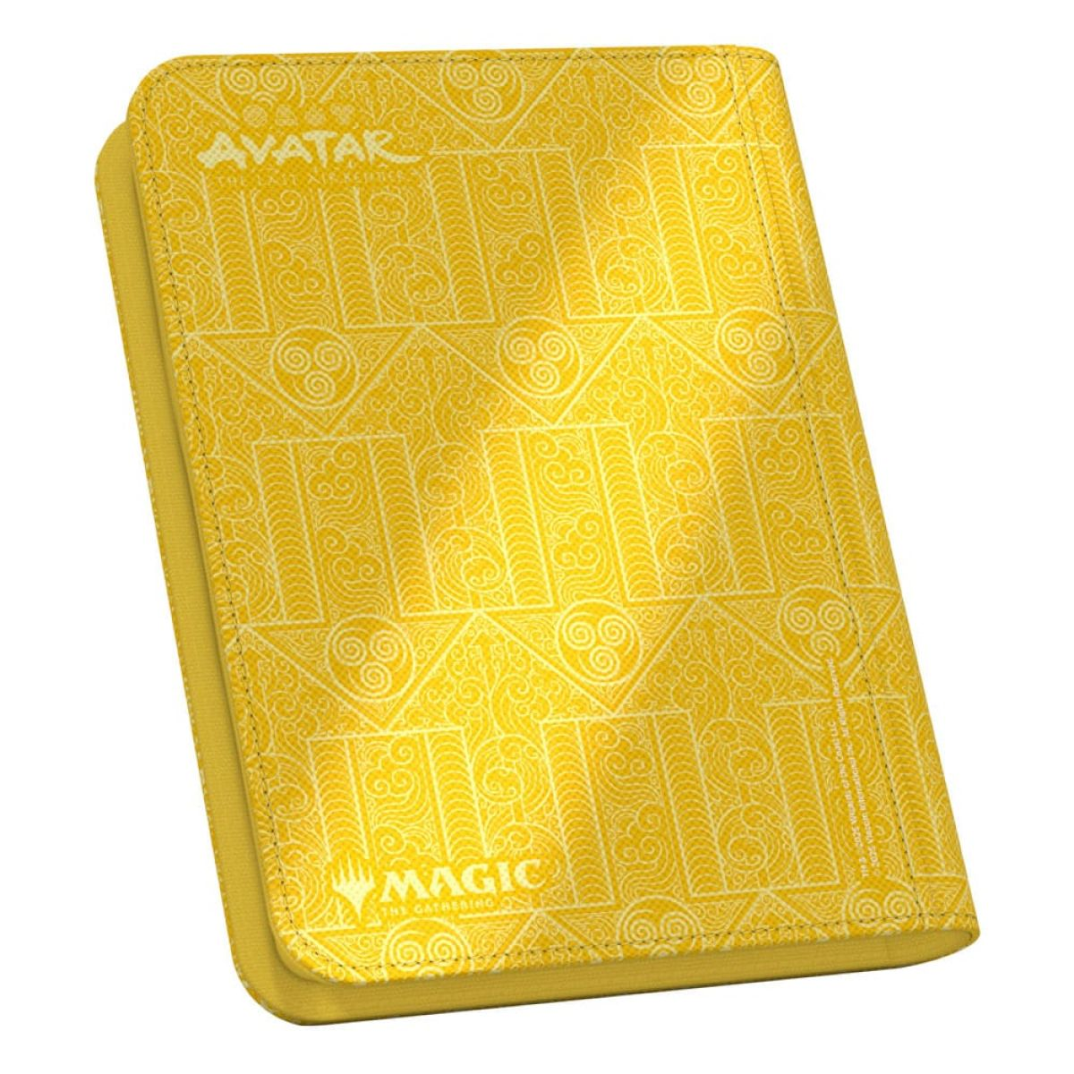 Un classeur de cartes jaune Avatar Magic The Gathering avec des motifs complexes.