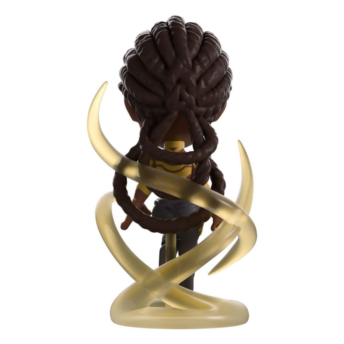 Rückansicht einer kleinen Figur mit braunen Zöpfen, umgeben von geschwungenen goldenen Linien auf weißem Hintergrund.