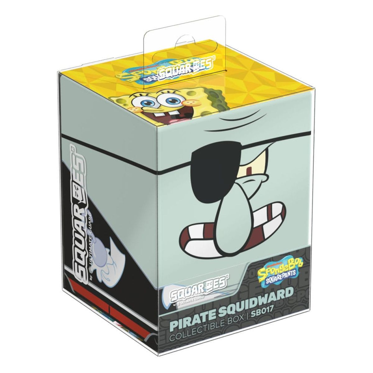 SpongeBob Pirat Squidward Sammelbox mit Charakterkunst auf grau-gelbem Hintergrund.
