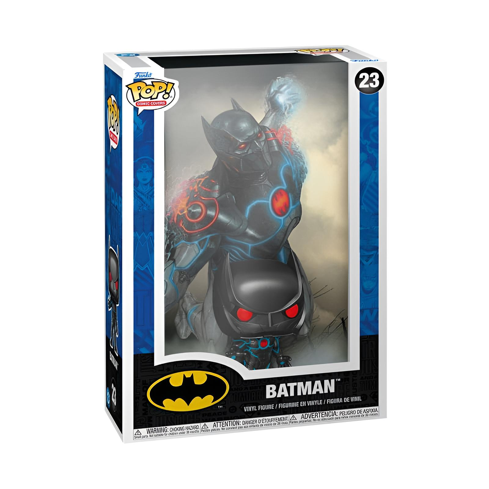 Una figura de vinilo de Batman dentro de su caja de coleccionista temática con ilustraciones.