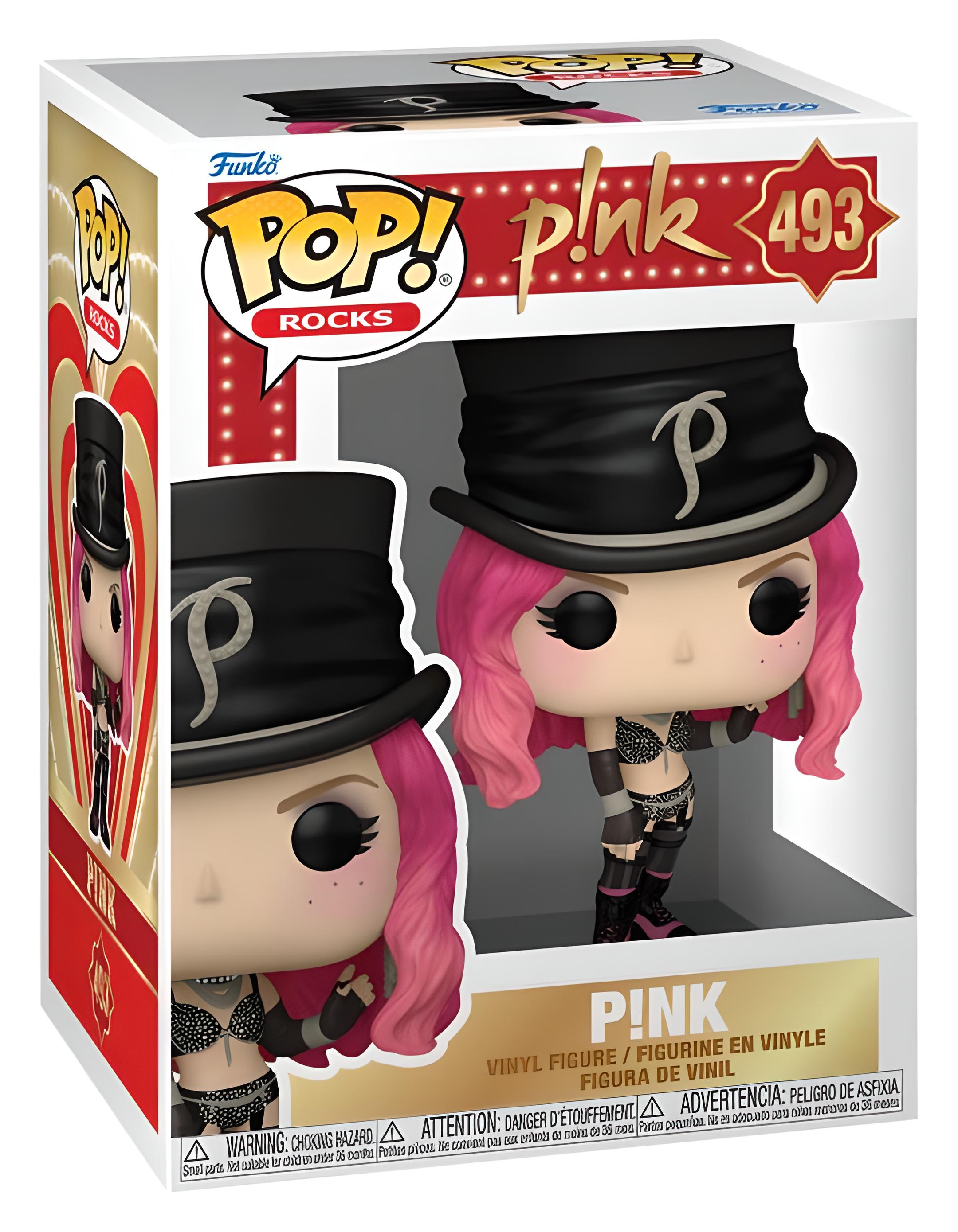Una figura de vinilo Pop! Rocks P!nk en su caja, con cabello rosa, galera y atuendo de escenario.