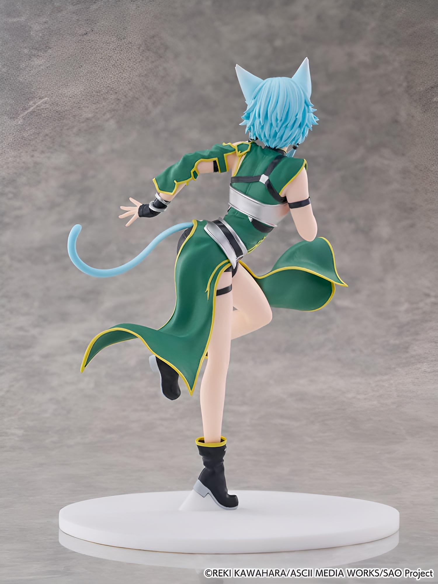 Anime-Figur mit blauen Haaren und Katzenohren läuft in grünem Outfit.