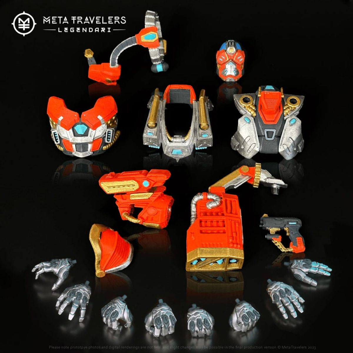 Meta Travelers Legendari Actionfigurenrüstung und Zubehör in Orange, Silber und Gold vor schwarzem Hintergrund.