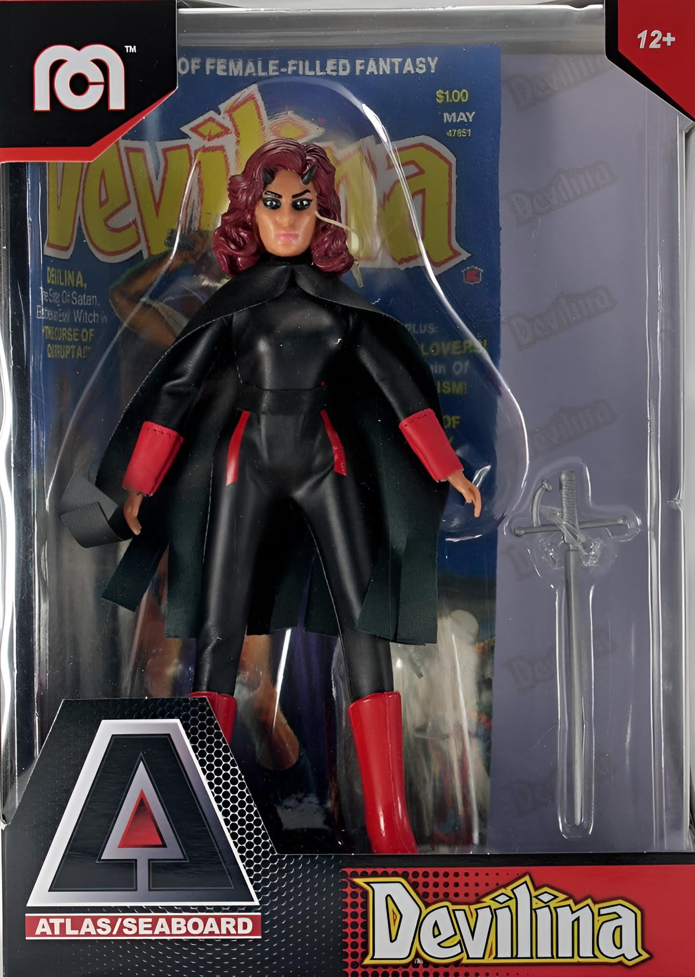 Teufelina-Actionfigur in Verpackung mit Umhang und Schwert.
