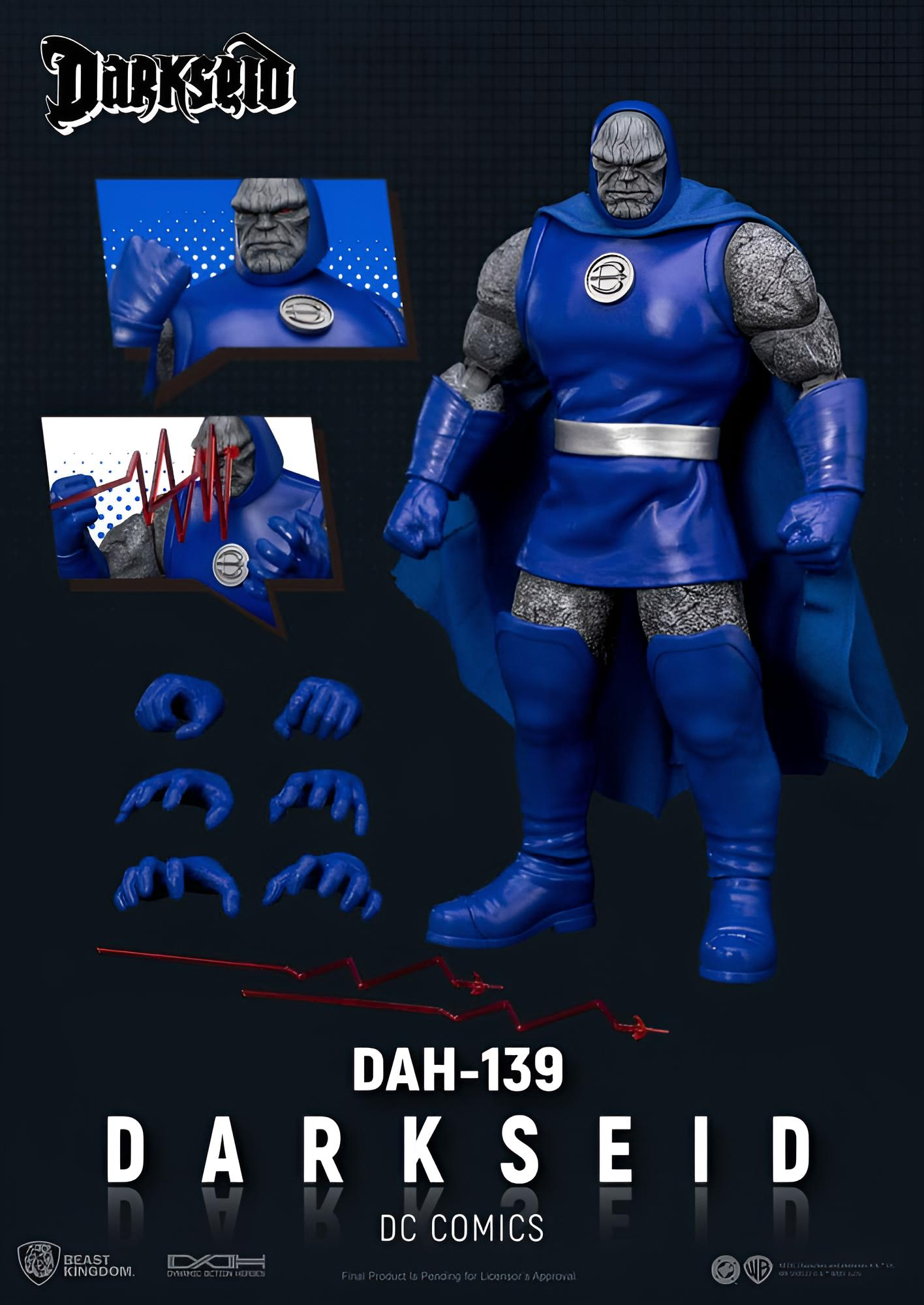 Darkseid-Actionfigur in Blau und Grau mit Zubehörteilen wie Händen und Blitzen.