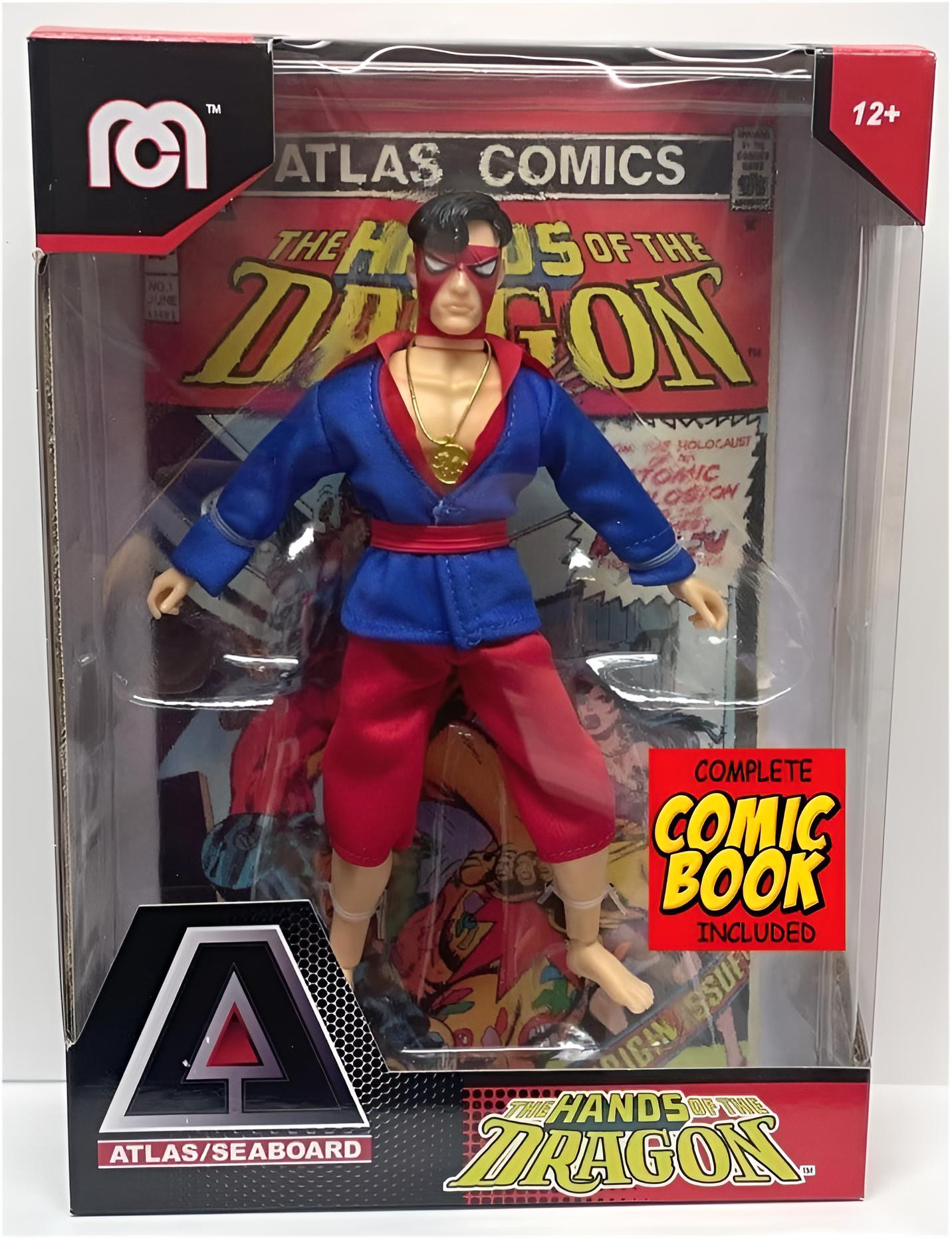 Eine Actionfigur eines Helden in Blau-Rot mit Maske und Goldkette in einer Comic-Verpackung.