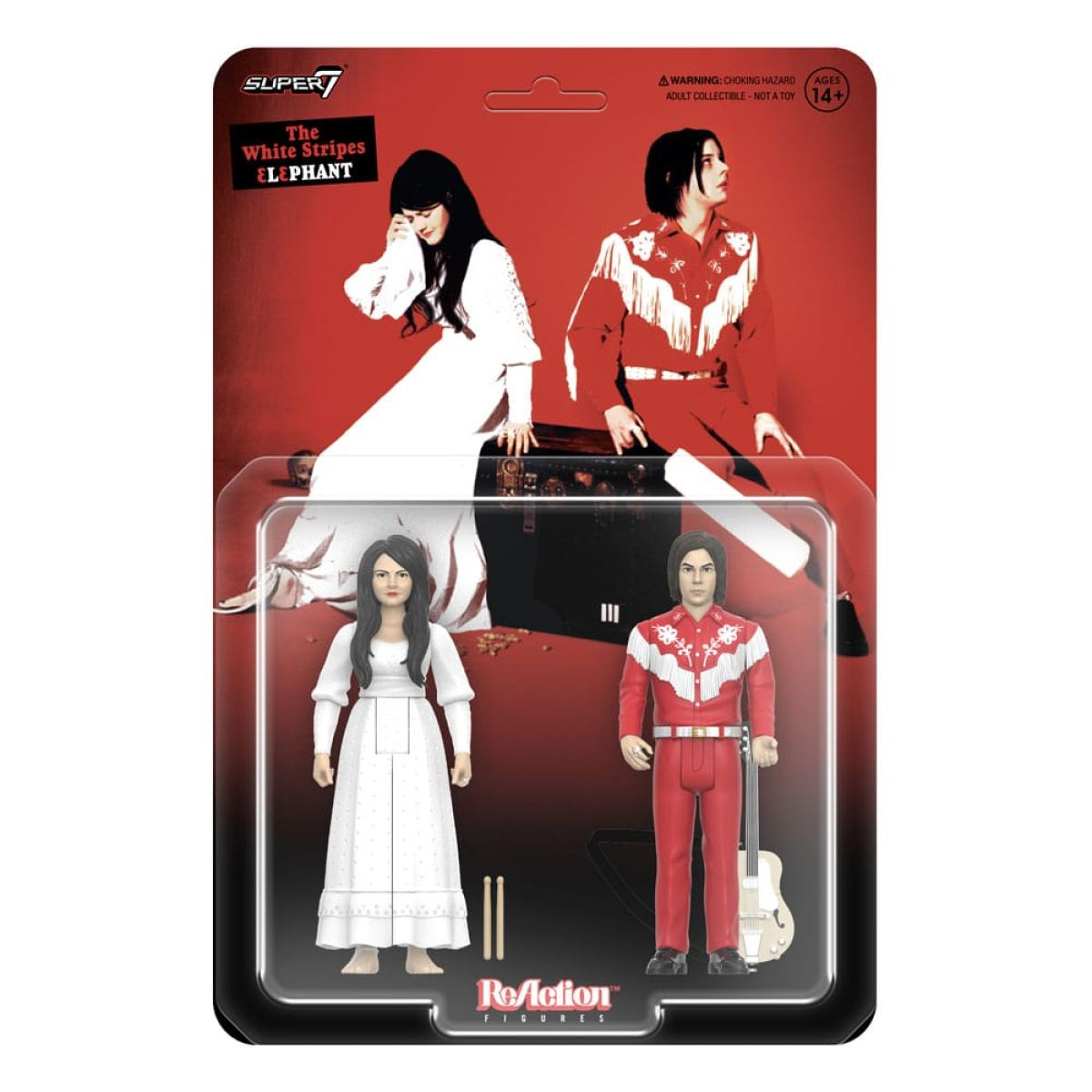 Figuras de acción de The White Stripes de Super7 en empaque rojo y blanco con guitarra y baquetas.