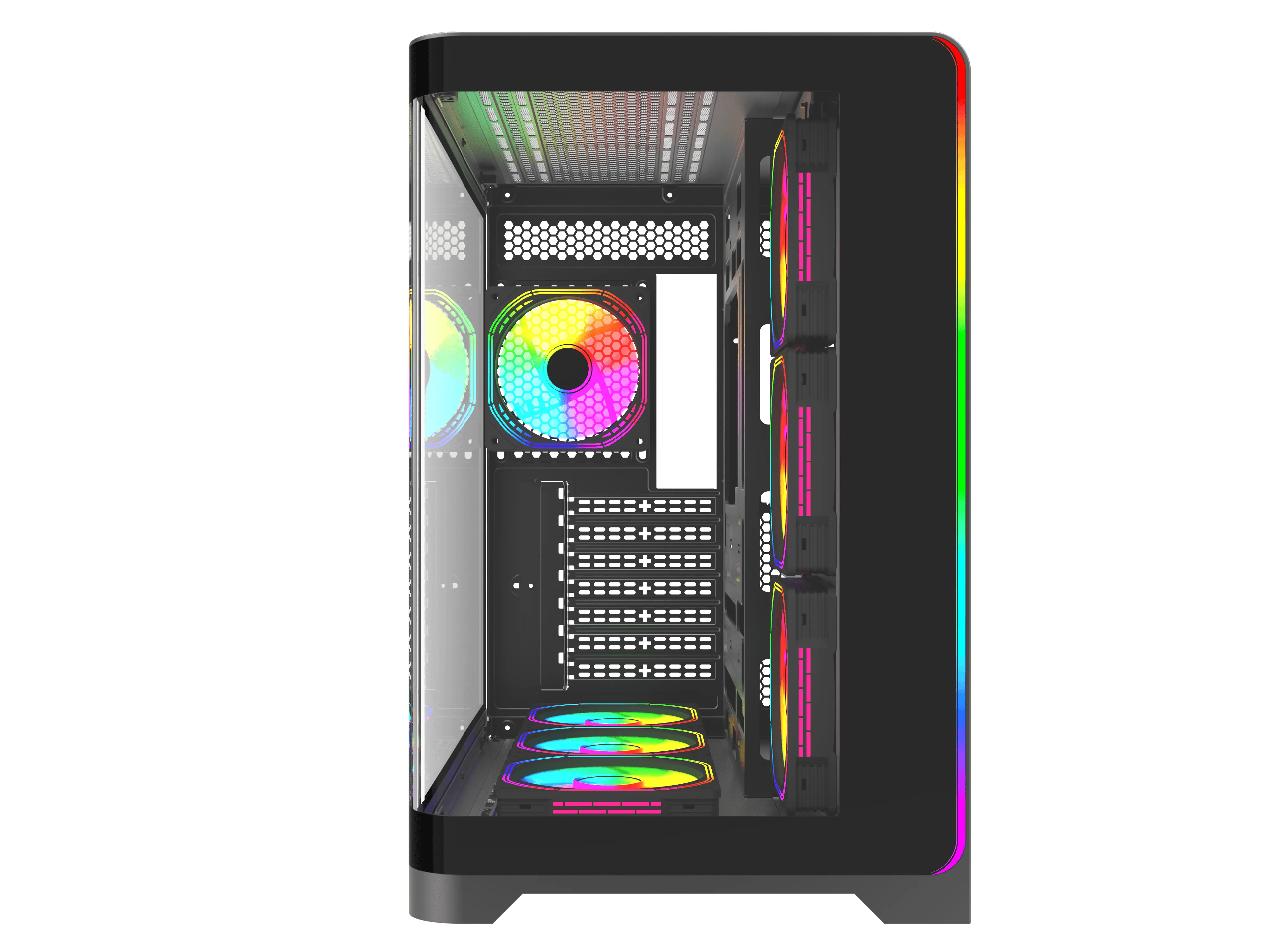 Cam ön panelli ve içinde renkli RGB fanlar bulunan siyah bilgisayar kasası.