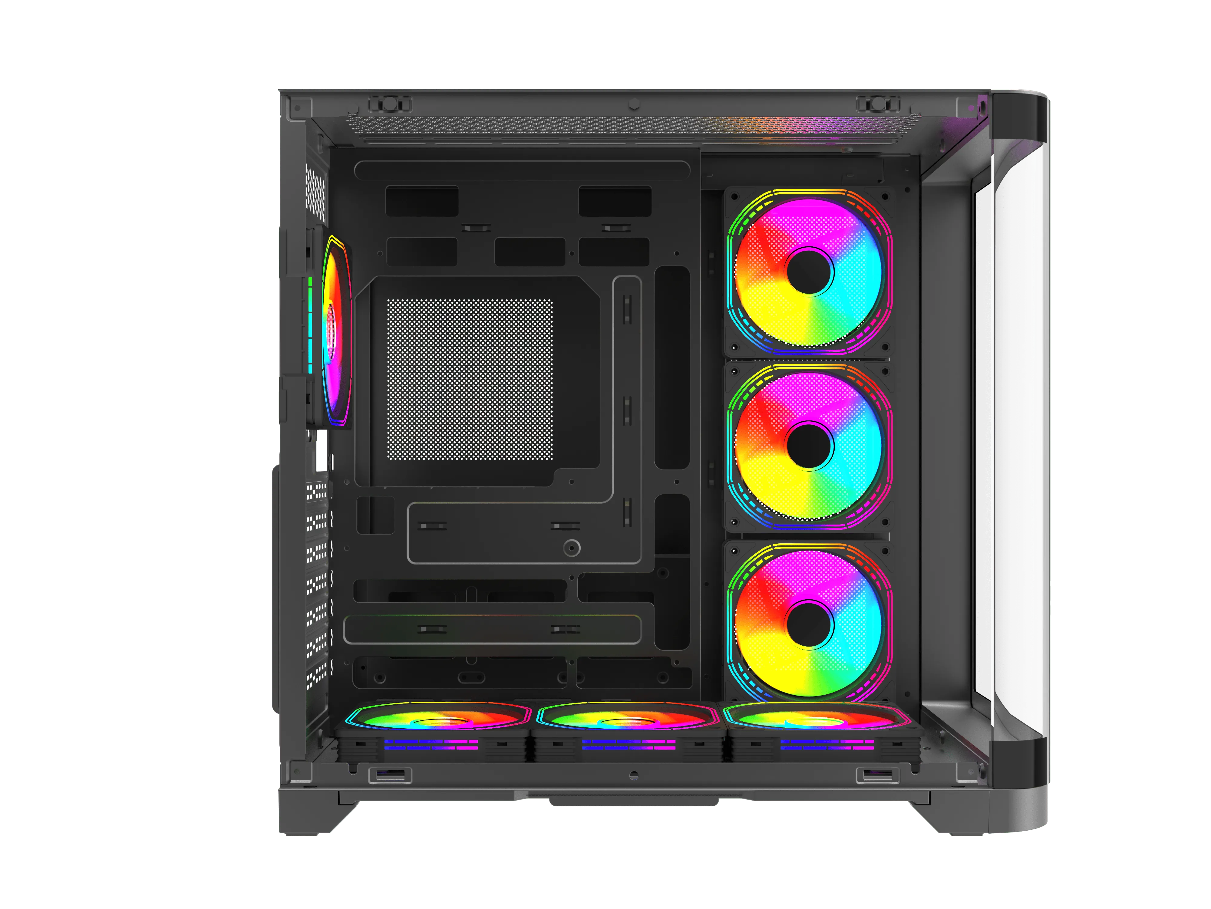 Ön ve alt kısmında birden fazla renkli RGB fan bulunan siyah bir bilgisayar kasası.