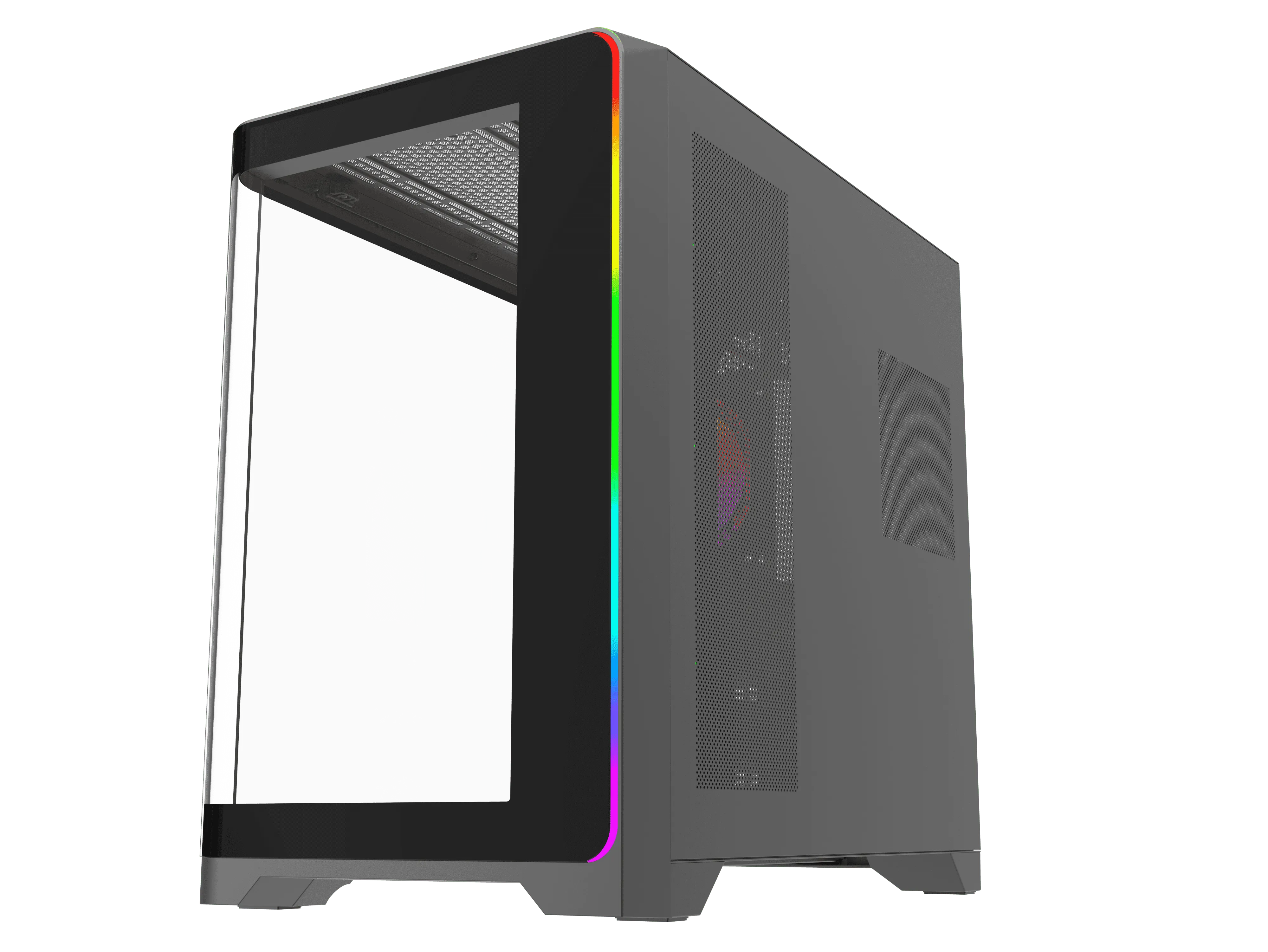 Ön kenarında RGB ışık şeridi ve cam yan paneli olan siyah bir bilgisayar kasası, siyah arka planda.