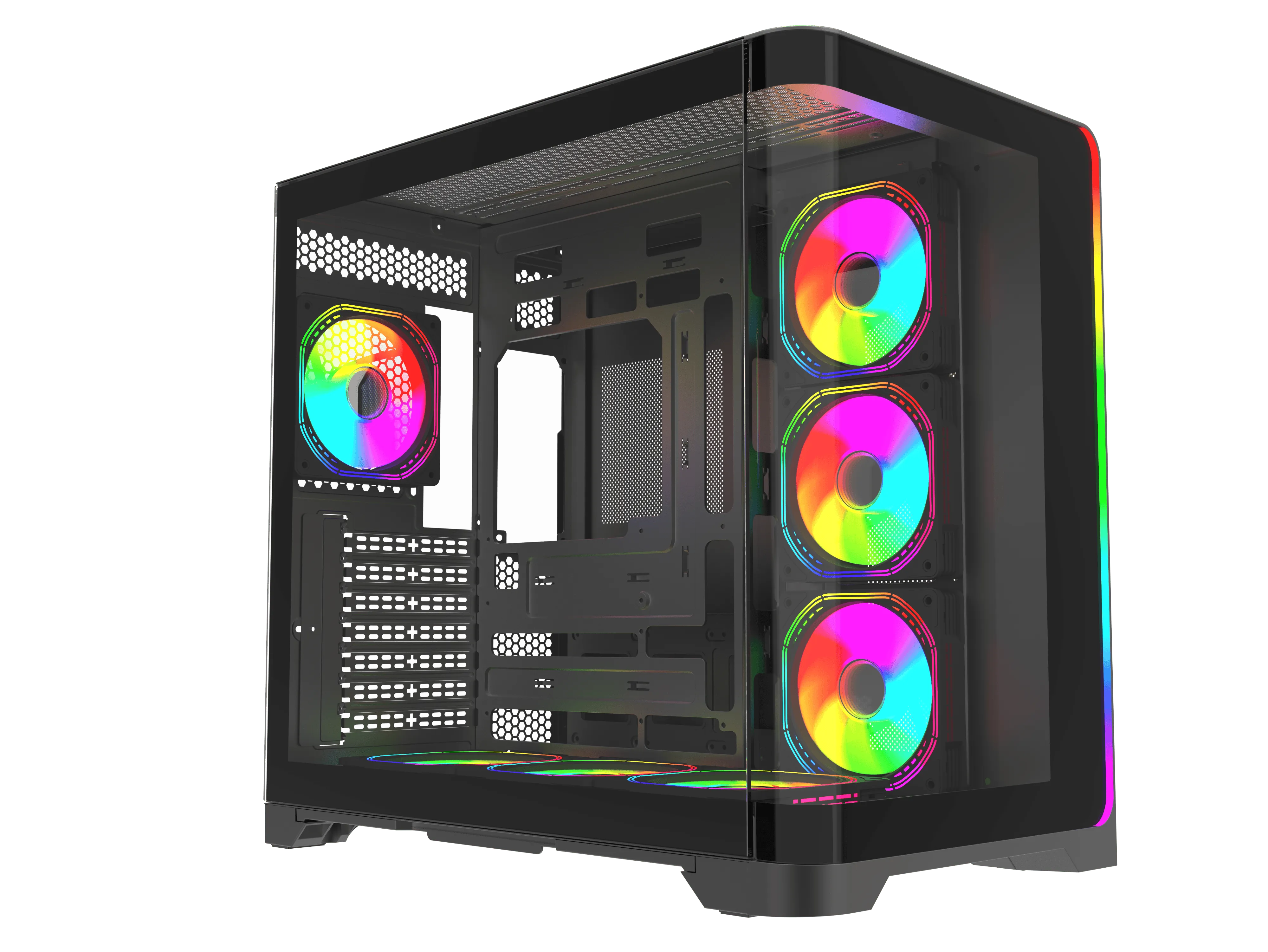 Cam ön yüzlü ve renkli RGB fanlı siyah bir PC kasası.