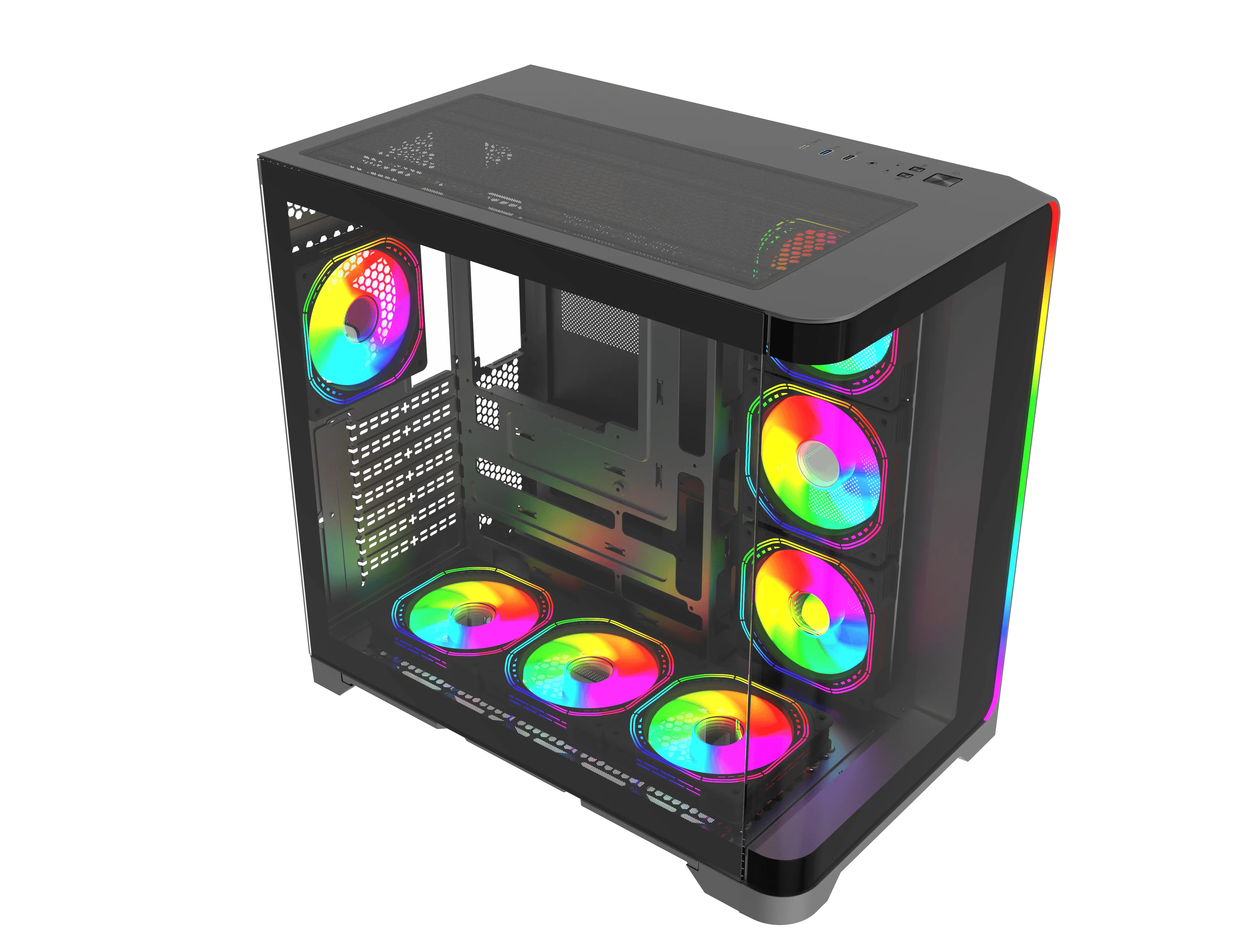 İçinde cam pencereler ve renkli yanan RGB fanlar bulunan siyah bir bilgisayar kasası.