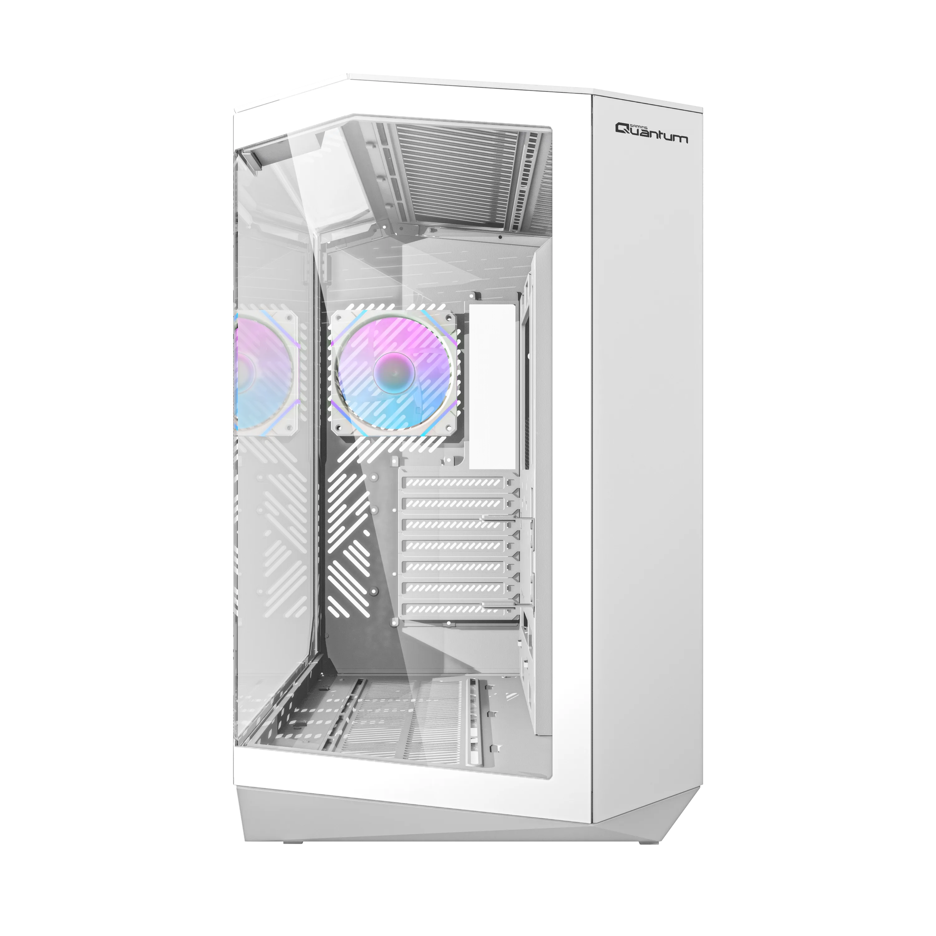 Siyah arka plan üzerinde cam panellere ve renkli bir RGB fana sahip beyaz bir oyun PC kasası.