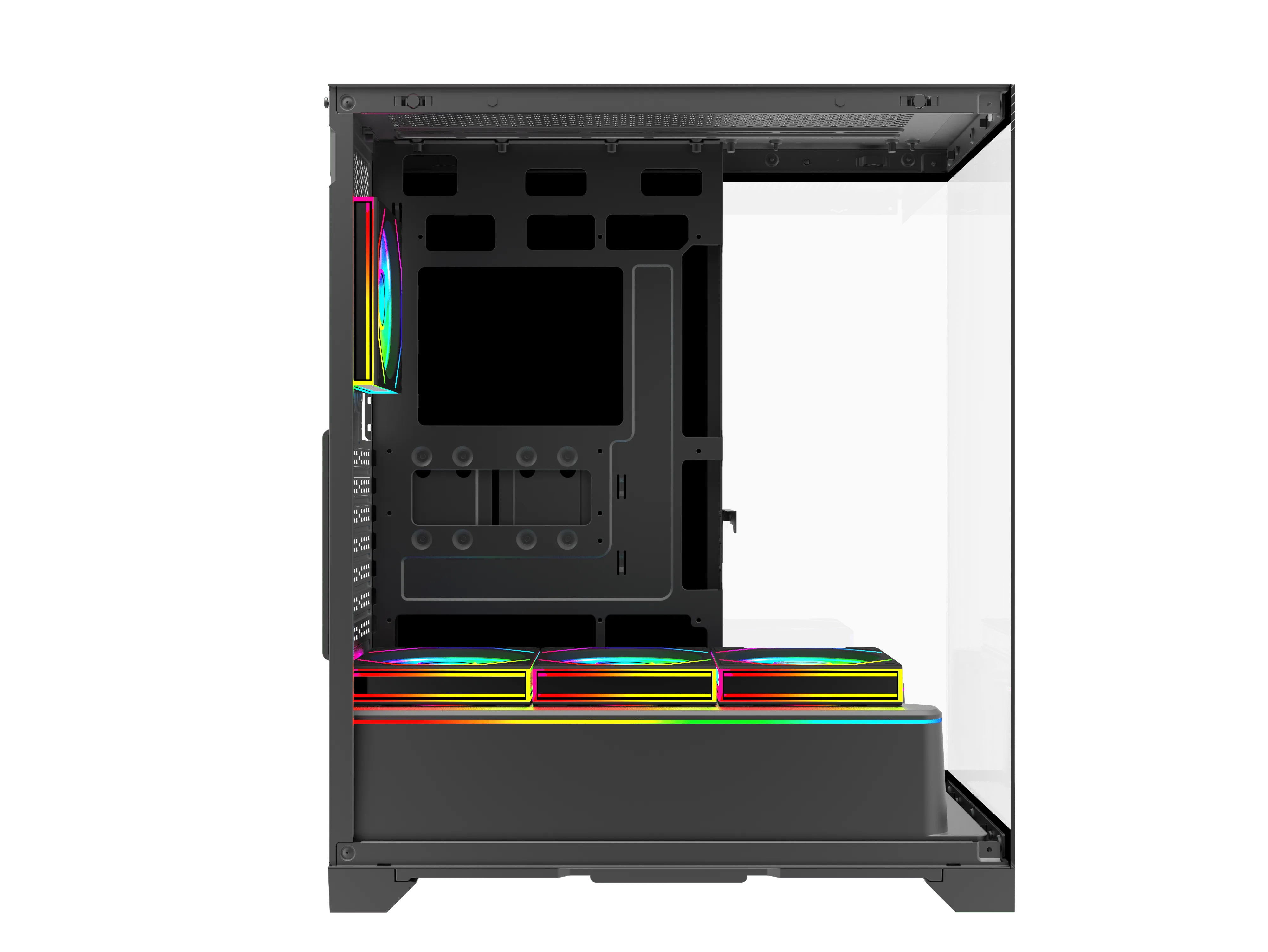 Renkli RGB fanlara ve cam yan panele sahip siyah bilgisayar kasası.