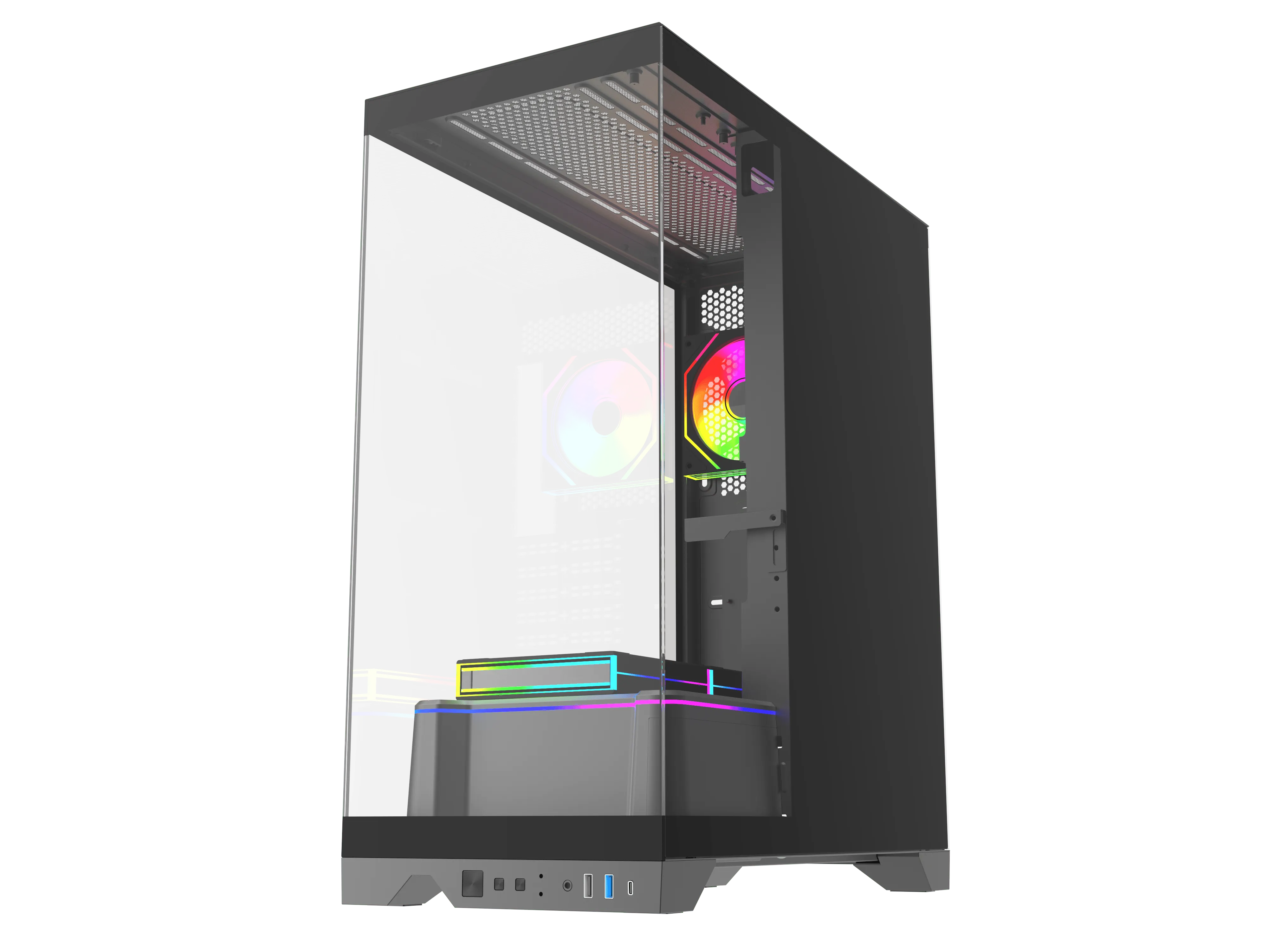 Cam önlü, RGB fanlı ve alt kısımda portları olan siyah PC kasası.